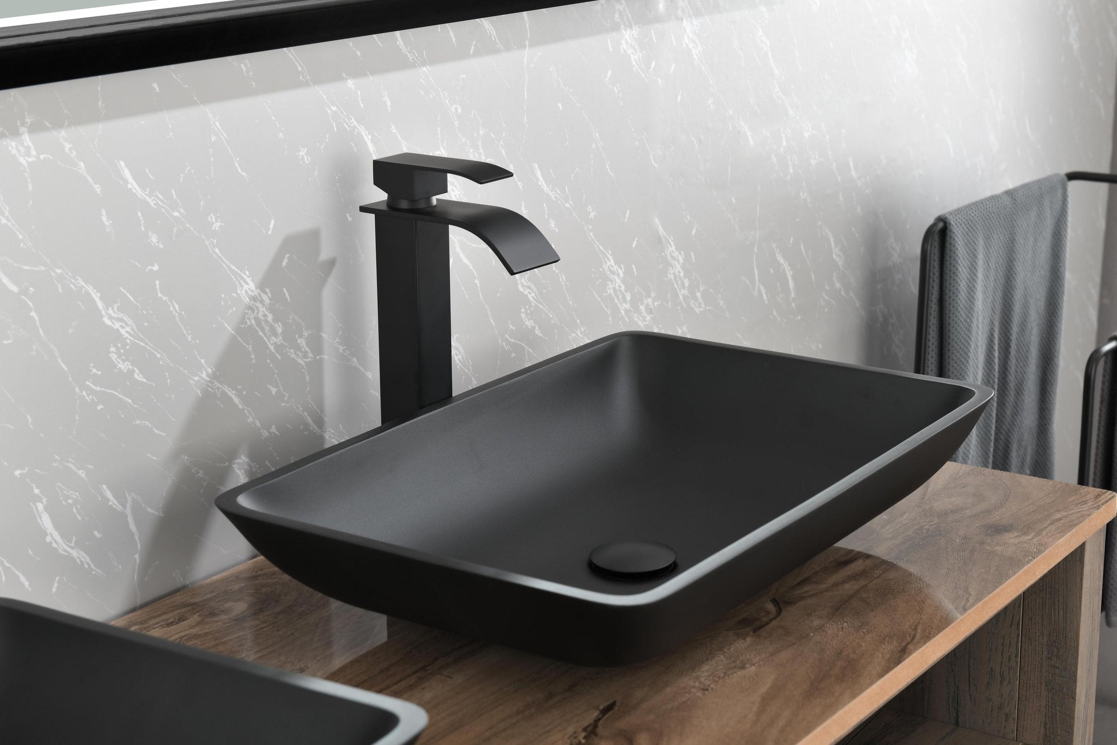 22' L -14' W - 4' H Matte Black Glass Rectangular Vessel Bathroom Sink with Faucet and Pop-Up Drain in Matte Black