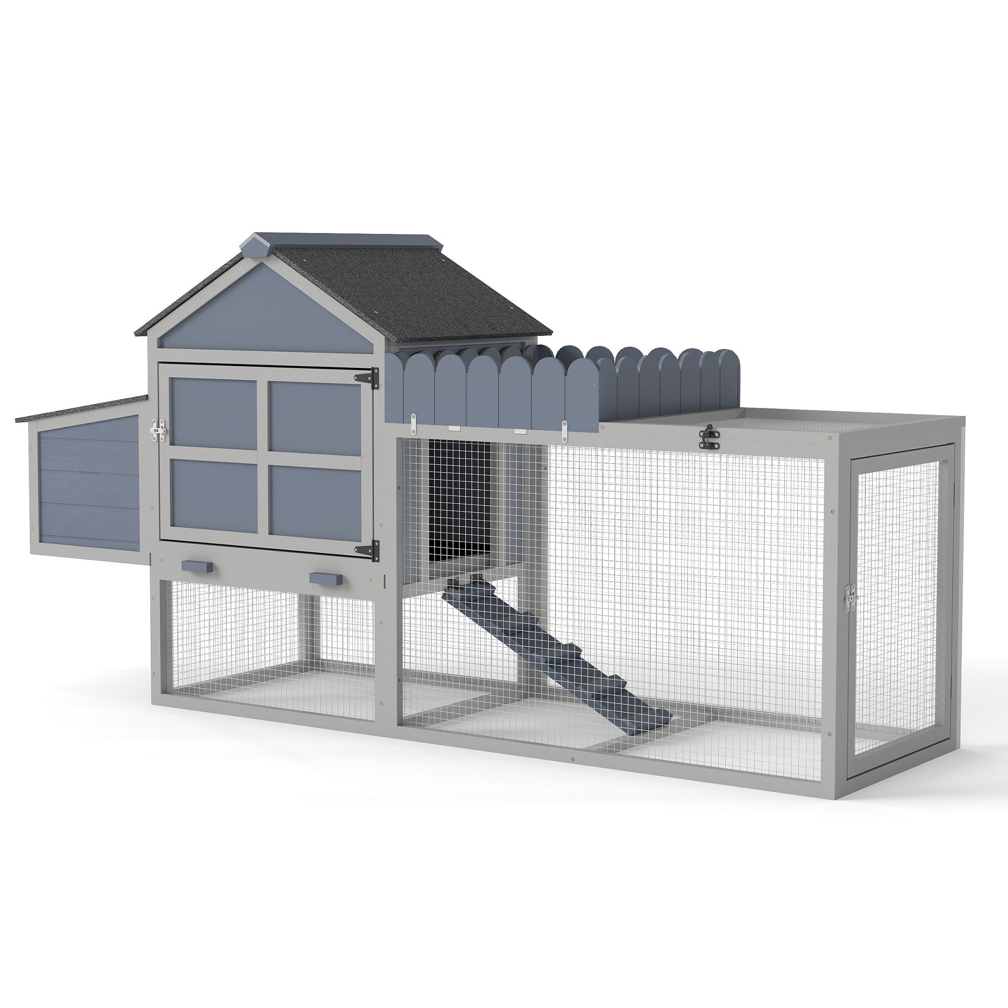 80' Wooden Chicken Coop, 2-Tier Backyard Hen House with Nesting Box, Run, Planter & PVC Roof, Easy-Clean Tray, Weatherproof Poultry Cage,Backyard Patio Poultry Habitat, Gray