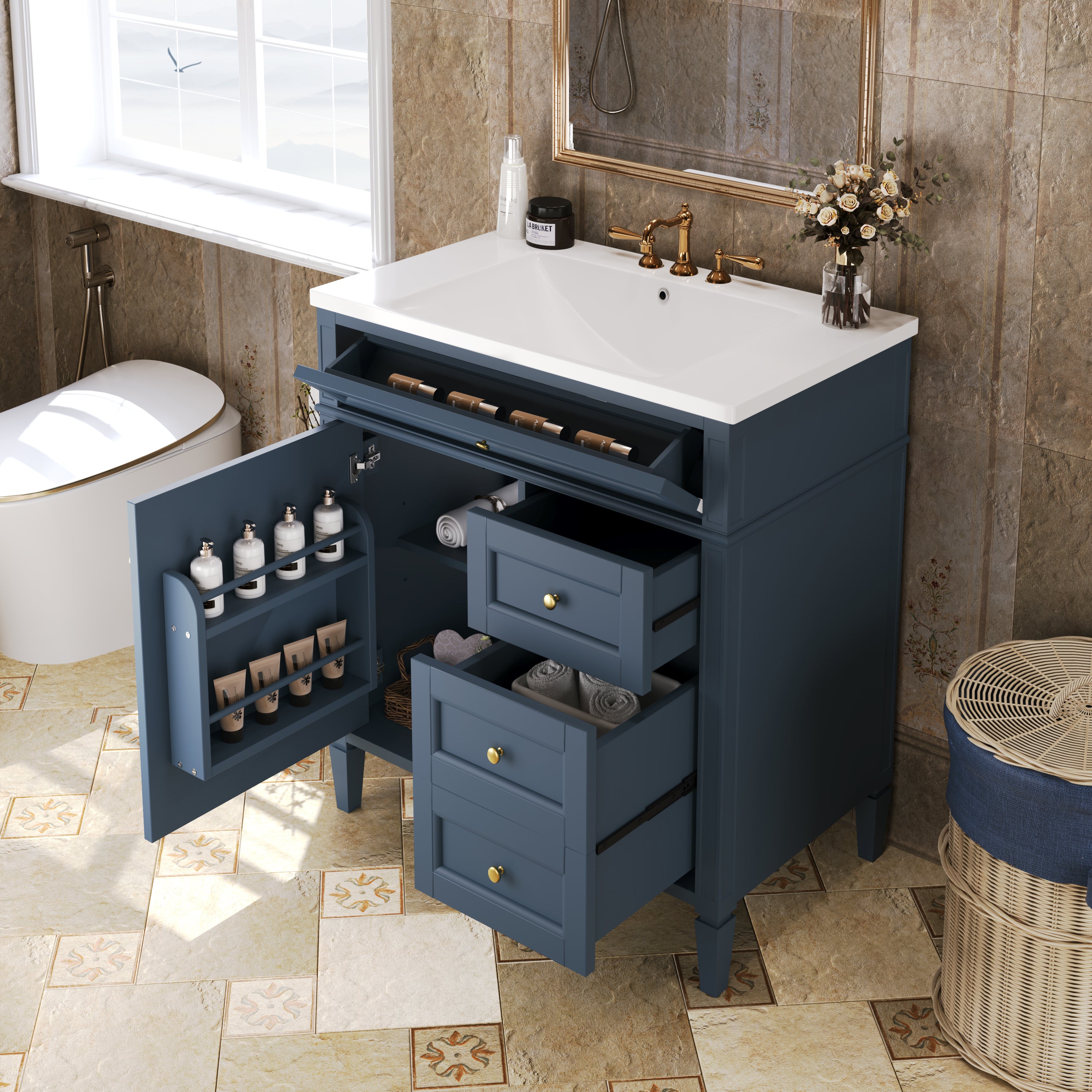 30'' Bathroom Vanity with Top Sink, Modern Bathroom Storage Cabinet with 2 Drawers and a Tip-out Drawer, Single Sink Bathroom Vanity (Same as SW000122AAC-1)