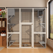 70.9' Gray Wooden Outdoor Catio Cat Enclosure with Weatherproof Asphalt Roof, Large Walk-in Cat House with 6 Platforms & 2 Napping Boxes, Solid Wood Cat Cage Playpen for Patio or Backyard