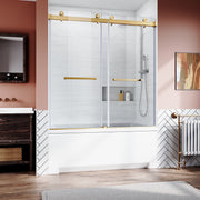 Frameless Sliding Bathtub Door 56-60 in.W x 62 in.H,Bypass Tub Glass Sliding Shower Doors,3/8'(10mm) Thick Clear Tempered Glass,Heavy Duty Stainless Steel Hardwares,2pcs Rectangle Handles,Brushed Gold