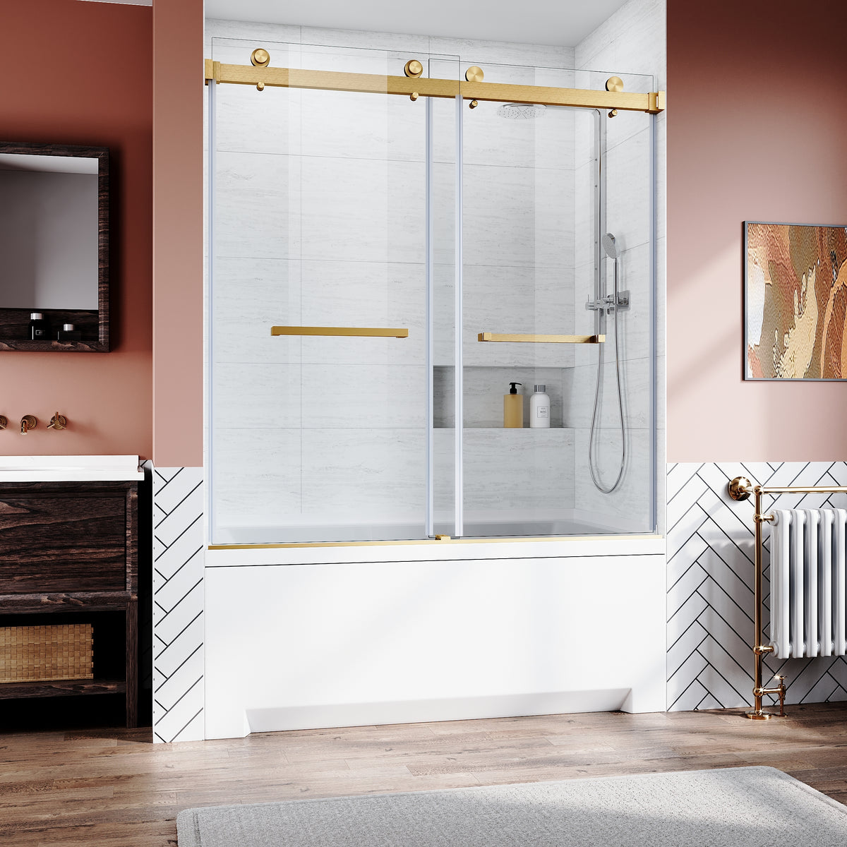 Frameless Sliding Bathtub Door 56-60 in.W x 62 in.H,Bypass Tub Glass Sliding Shower Doors,3/8'(10mm) Thick Clear Tempered Glass,Heavy Duty Stainless Steel Hardwares,2pcs Rectangle Handles,Brushed Gold