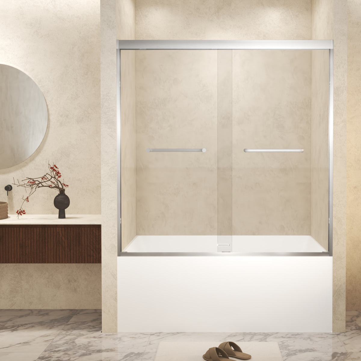 56-60' x 60' Tempered Glass with Explosion Proof Film, Aluminum Frame Double Sliding Shower Door, '1/4 (6 mm), Stainless Steel handle,Brushed Nickel