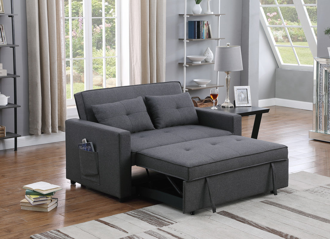 Zoey 56' Dark Gray Linen Convertible Sleeper Loveseat with Side Pocket