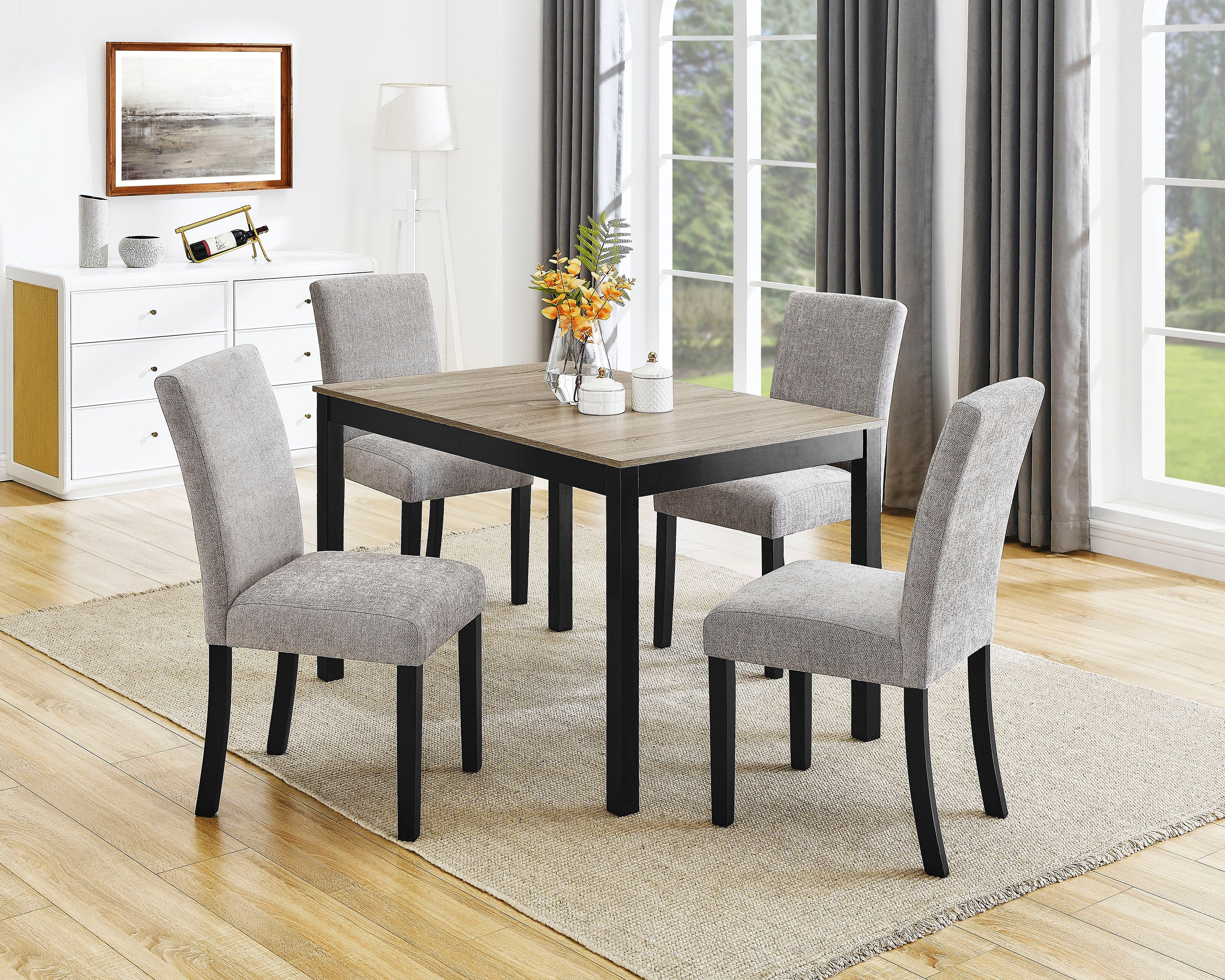 5pc Contemporary Dining Set Rectangular Table Two Tone Finish Gray Upholstered Chairs Wooden Leg Dining Room Furniture Black