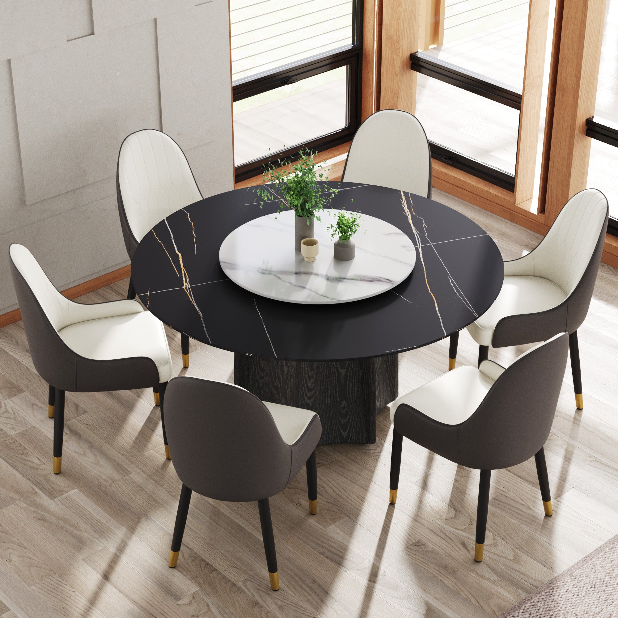 59.05' Round Marble Dining Table with Black Textured Solid Wood Base, Artificial Marble for 6-8 People, 31.5'White Artificial Stone Turntable,White&Black (Dining Table Only)