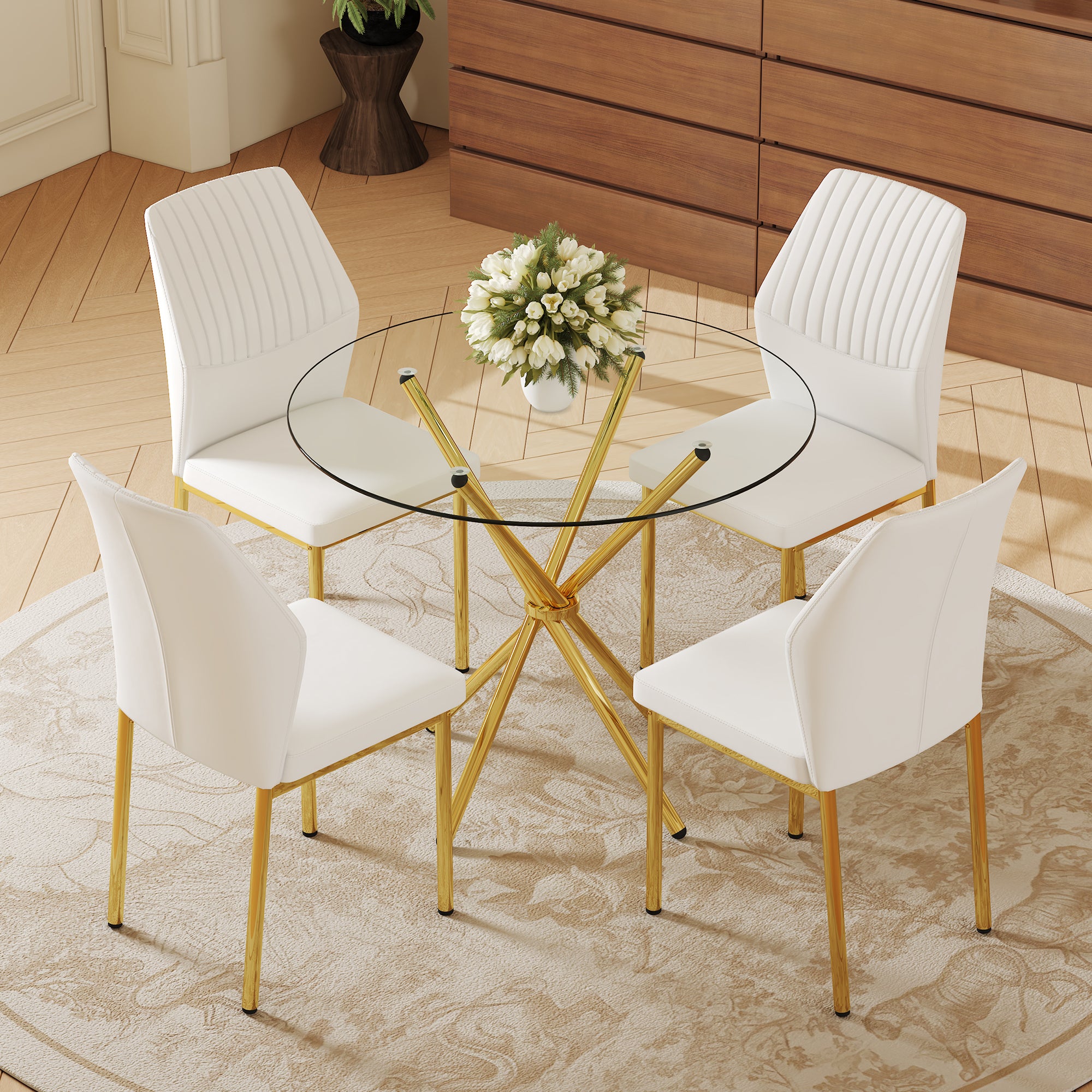 4-Piece Dining Set with 36.6'' Round Tempered Glass Table & White-Gold Chairs - Modern Luxe Style for Living Room & Kitchen.Suitable for various interior decoration styles.
