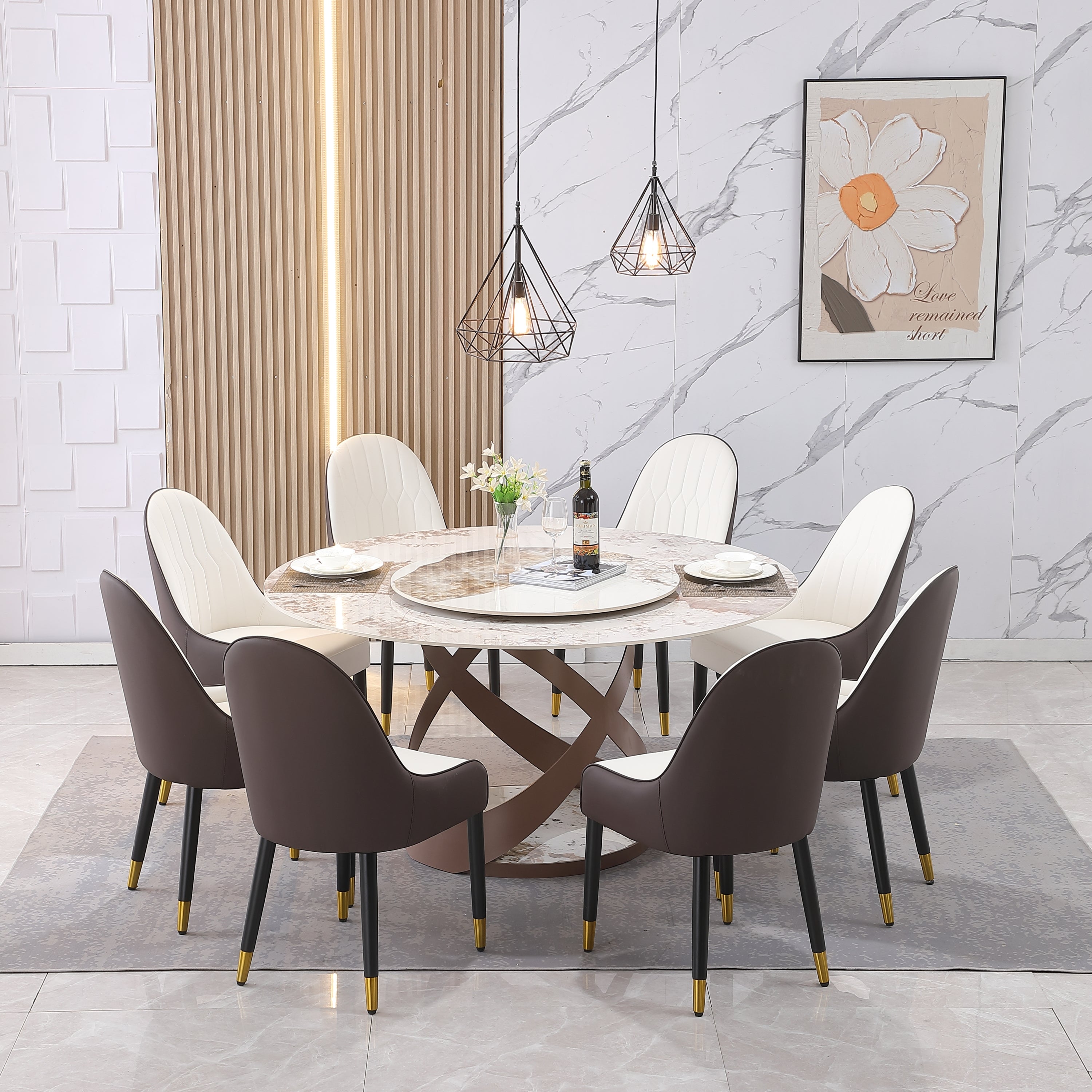 59.05'Modern Sintered stone dining table with 31.5' round turntable  and metal exquisite pedestal with 8 pcs Chairs .