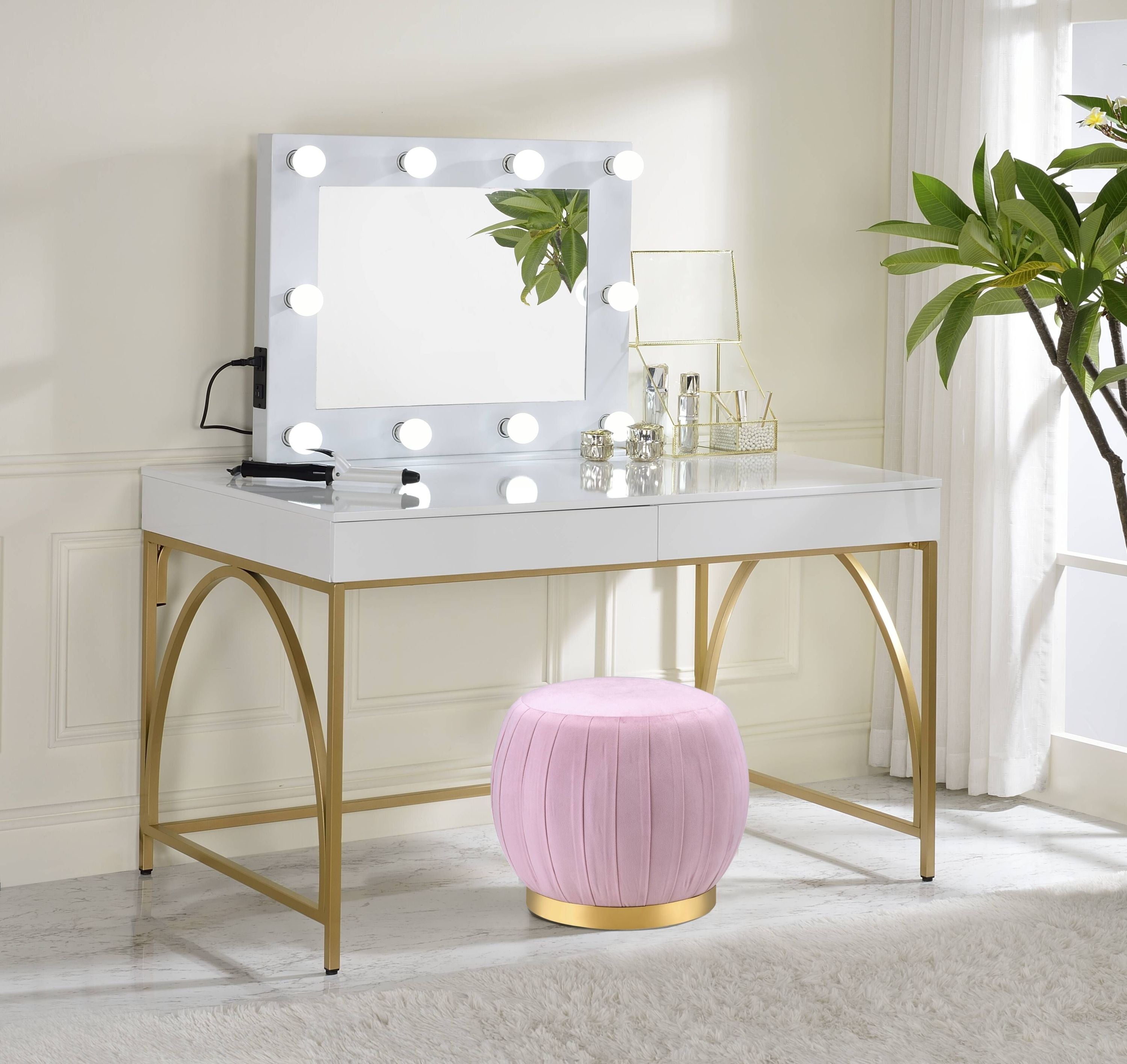 Lightmane White High Gloss & Gold Finish Vanity Desk