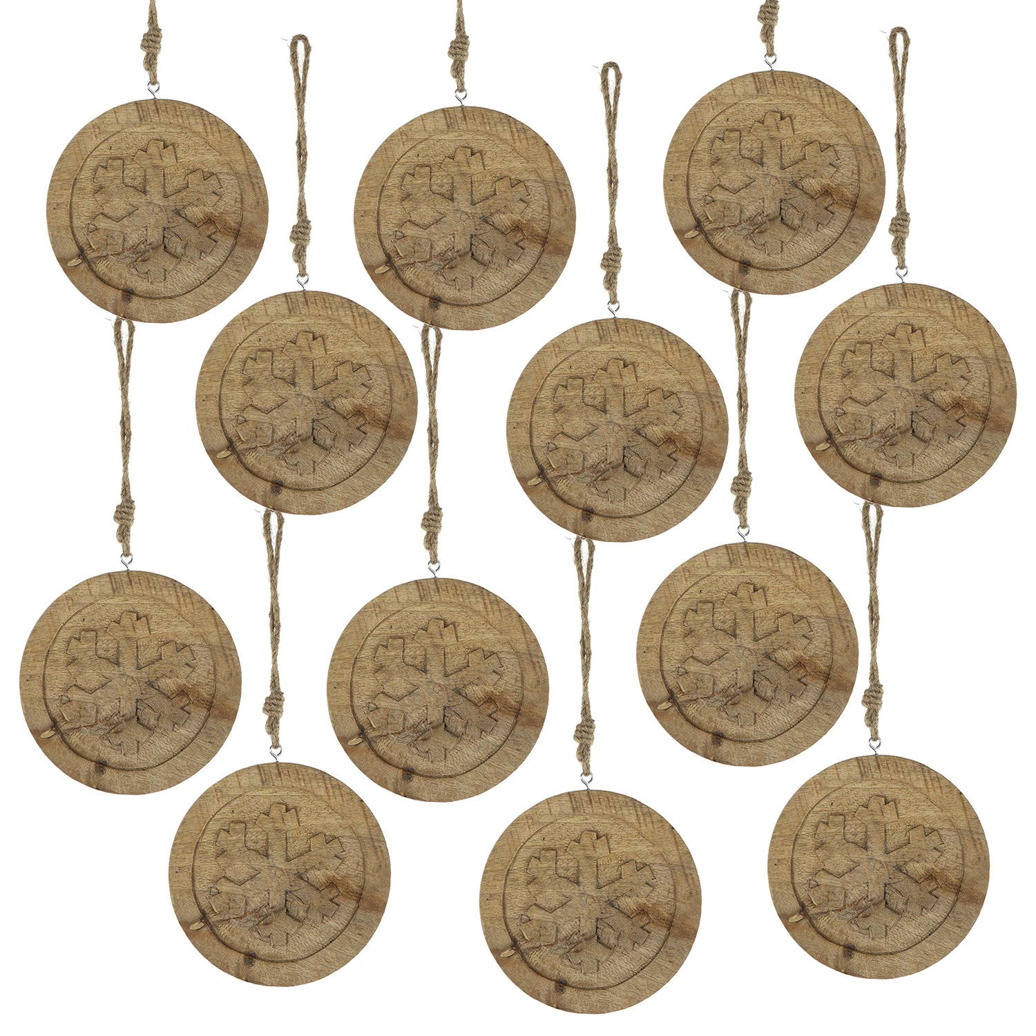 6' x 6' Wooden Hanging Circle With Snowflake Cut, Decorative Hanging Christmas Tree Ornaments for Holiday Party Decorations, Set of 12