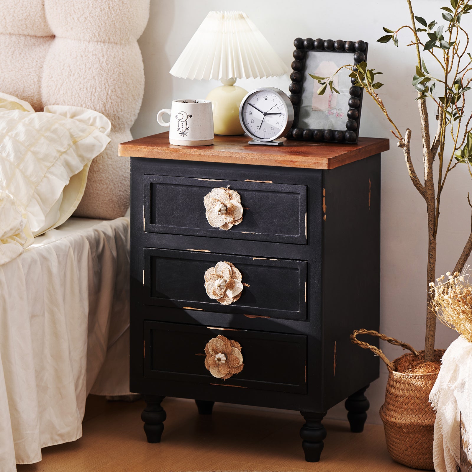 Vintage Farmhouse End Table with Floral Knobs – 19' Rustic Nightstand with 3 Drawers Gourd Legs,Bedside or Sofa Accent Table, Almost Fully Assembled, Black