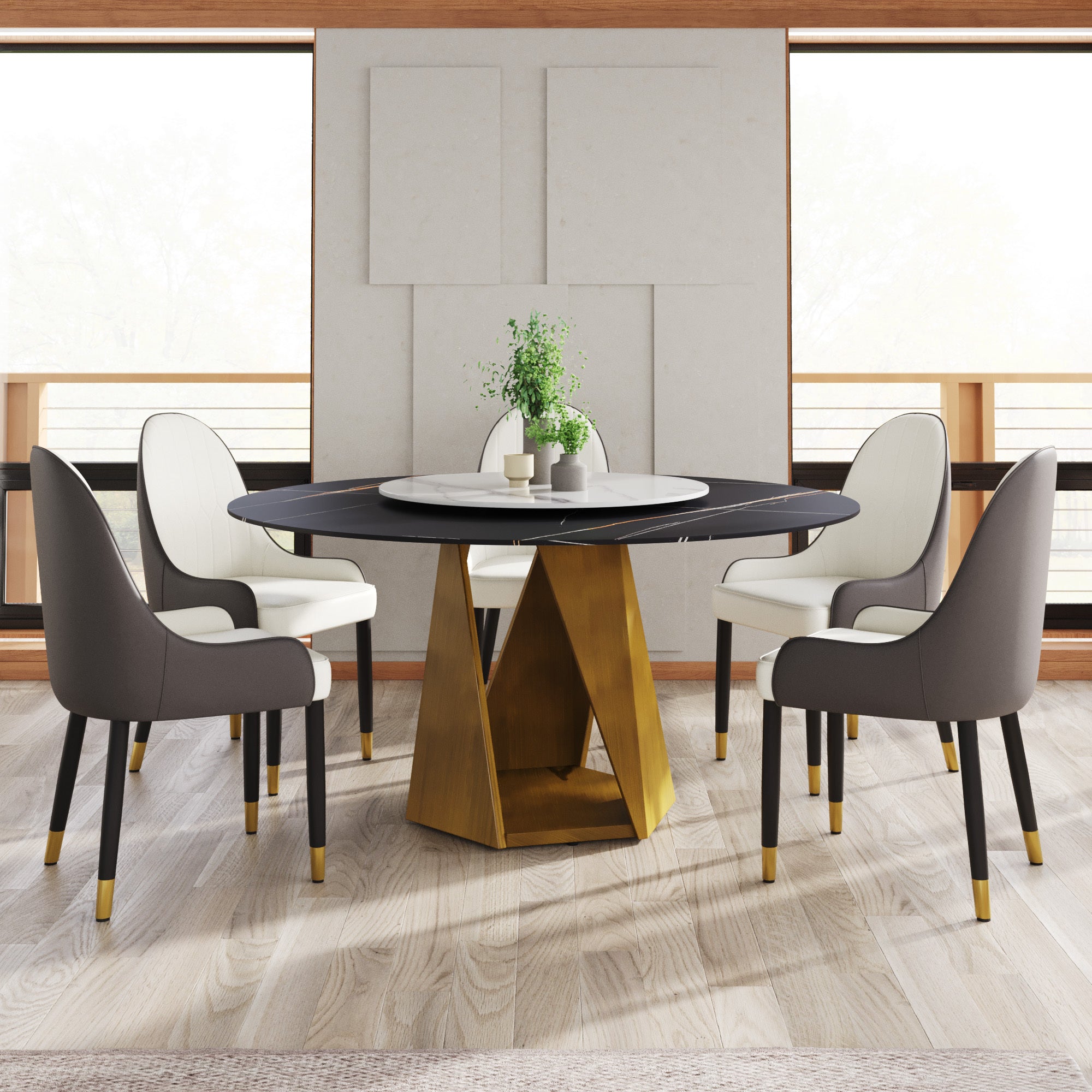 59.05' Round Marble Dining Table with Bronze Iron Metal Base, Artificial Marble for 6-8 People, 31.5'White Artificial Stone Turntable,White&Black (Dining Table Only)
