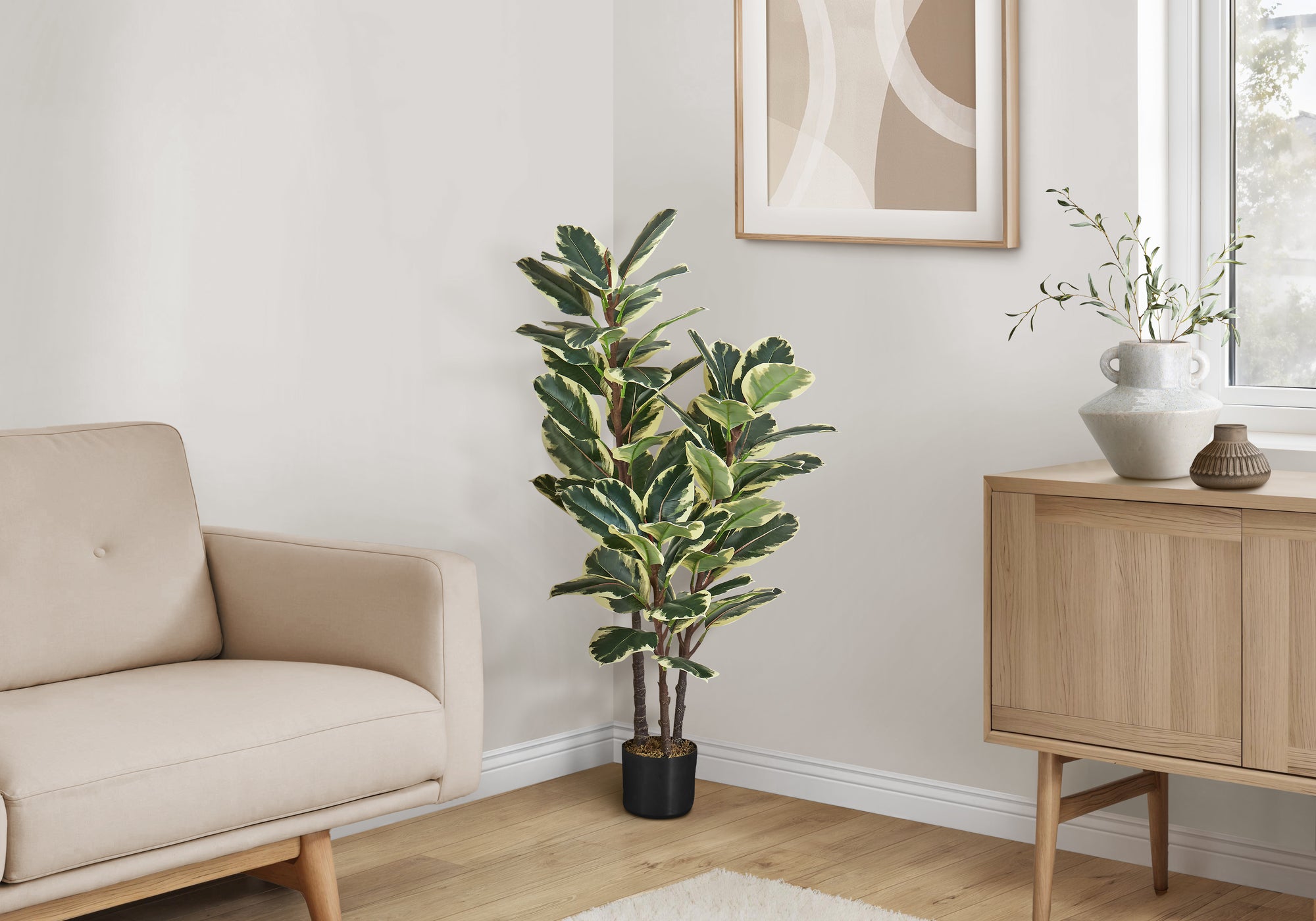 Artificial Plant, 47' Tall, Oak Tree, Indoor, Faux, Fake, Floor, Greenery, Potted, Real Touch, Decorative, Green Leaves, Black Pot
