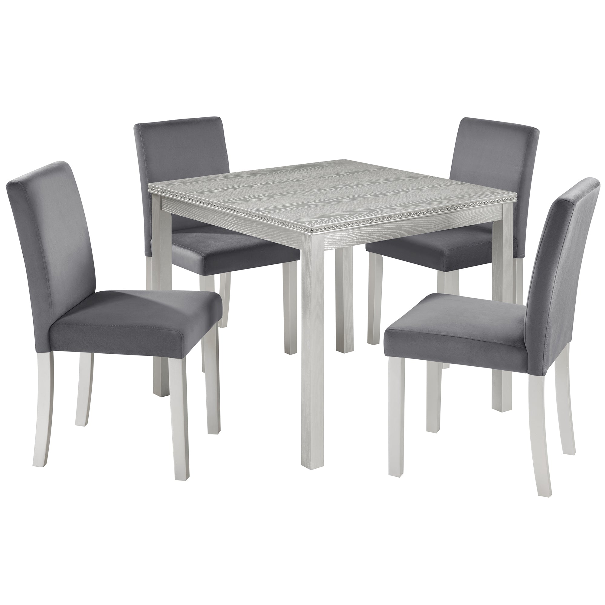 5PCs Wooden Dining Table Set, Kitchen Table Set with A Square Table and 4 Upholstered Chairs, Wooden Dining Room Table with Crystal Decoration and Chairs Set for Kitchen, Dining Room, Silver Grey