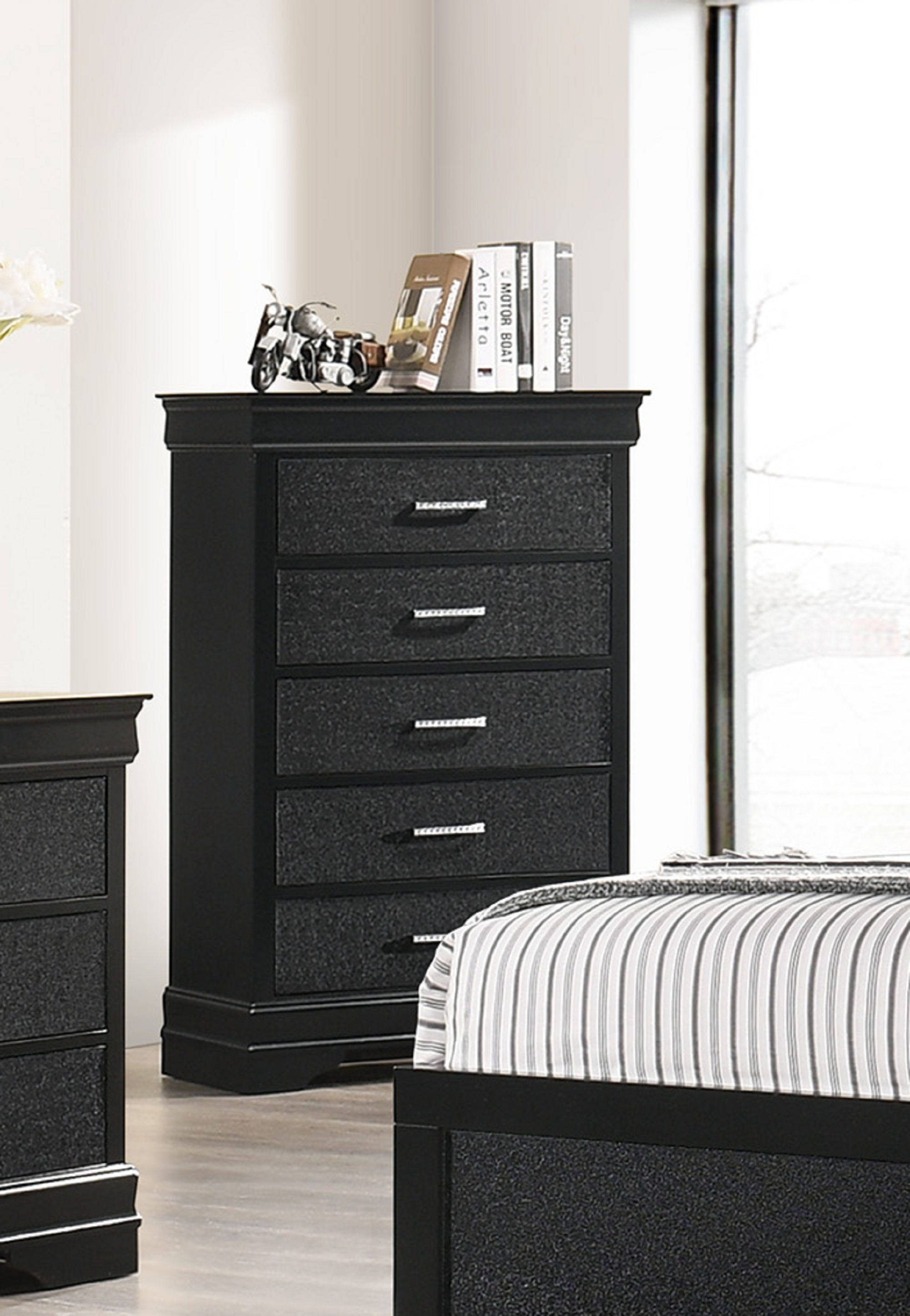 5-Drawer Tall Chest Modern 1pc Black Finish Solid Wood Wooden Crocodile Texture Crystal Tufted Handle Bedroom Home Furniture