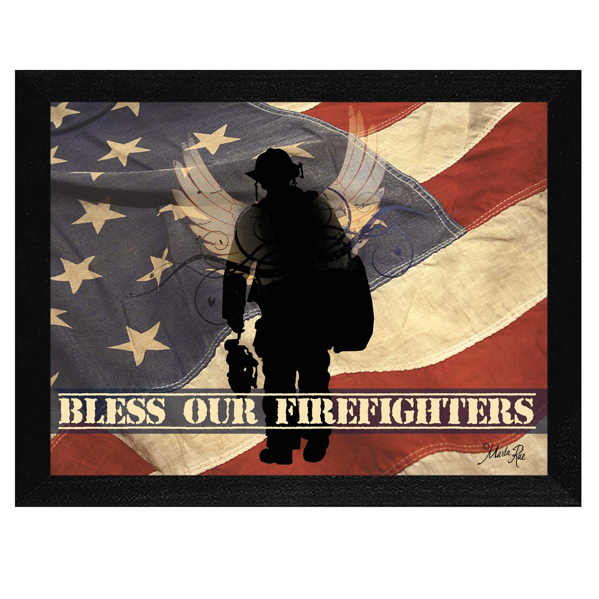 'Bless our Firefighters' By Marla Rae, Printed Wall Art, Ready To Hang Framed Poster, Black Frame