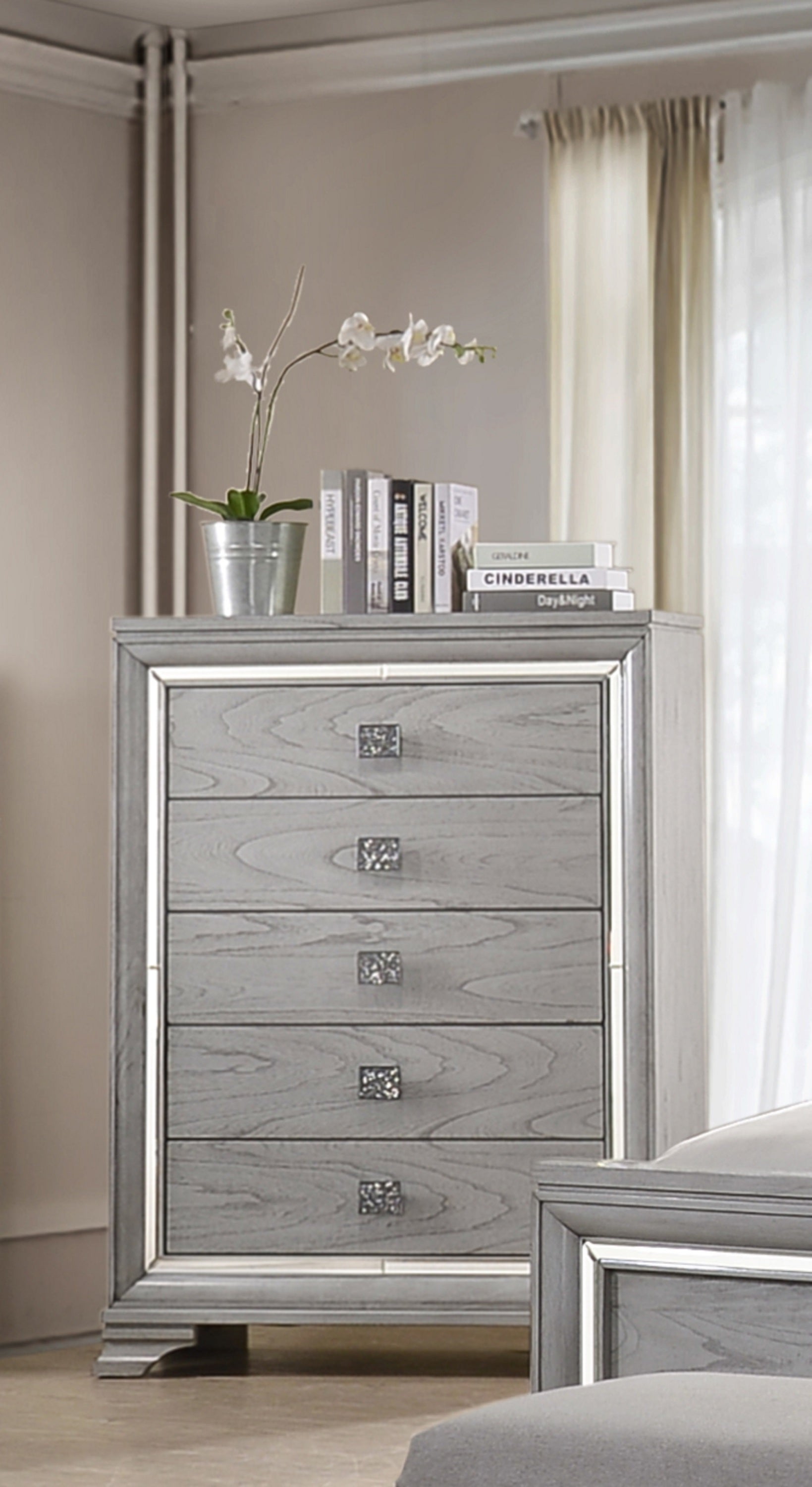 Contemporary 1pc Light Gray Brown Finish 5 Storage Drawer Chest Mirrored Accents Beautiful Solid Wood Wooden Bedroom Furniture
