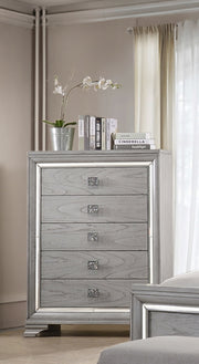 Contemporary 1pc Light Gray Brown Finish 5 Storage Drawer Chest Mirrored Accents Beautiful Solid Wood Wooden Bedroom Furniture