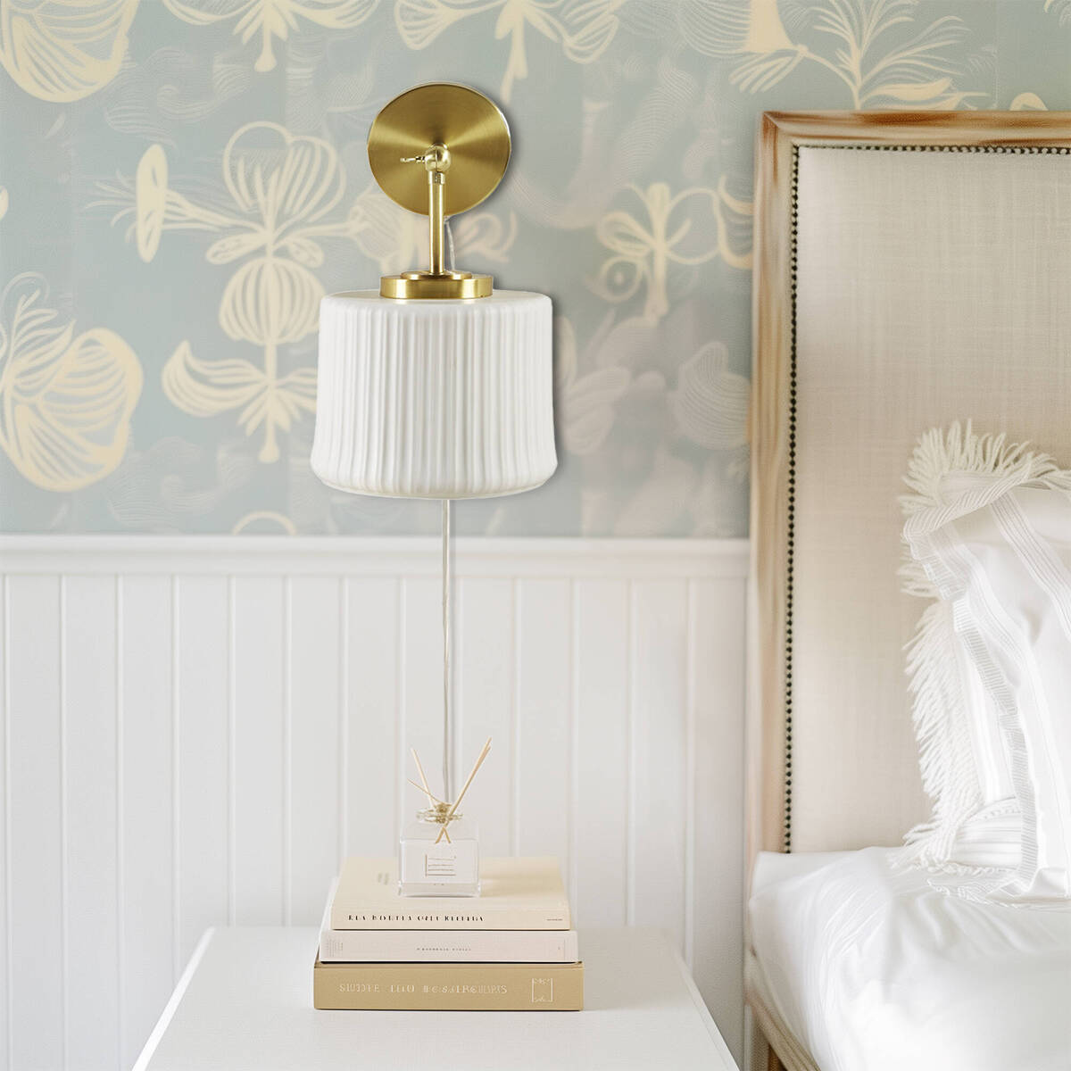 White Ceramic Wall Sconce with Adjustable Swing Arm Gold/White See below