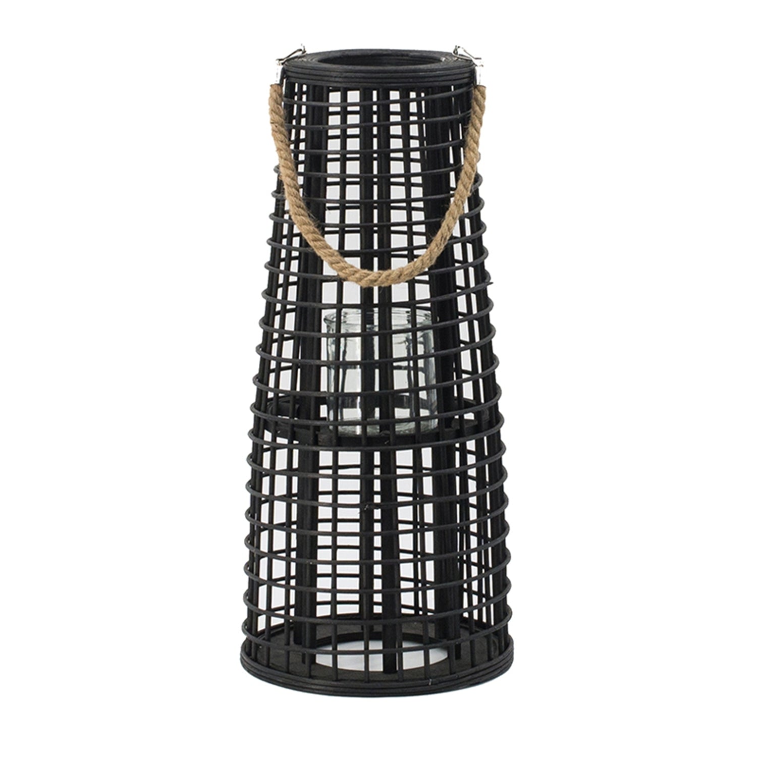 D9.5x21' Woven Rattan Hurricane Lantern with Hemp Rope, Black
