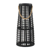 D9.5x21' Woven Rattan Hurricane Lantern with Hemp Rope, Black