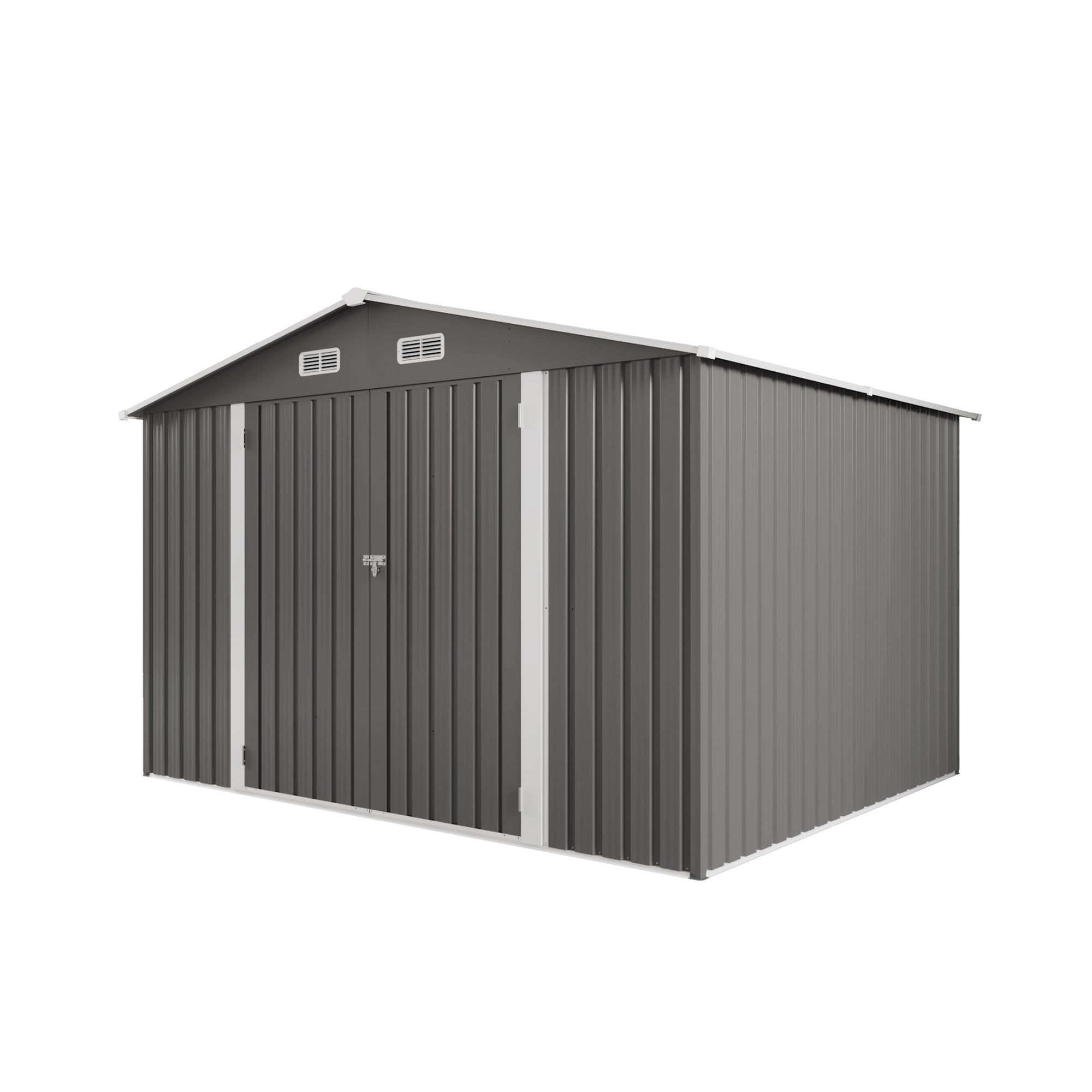 Large Gray Metal Outdoor Storage Shed with Lockable Door, Air Vent, and Clear Window for Garden Tools and Bicycles