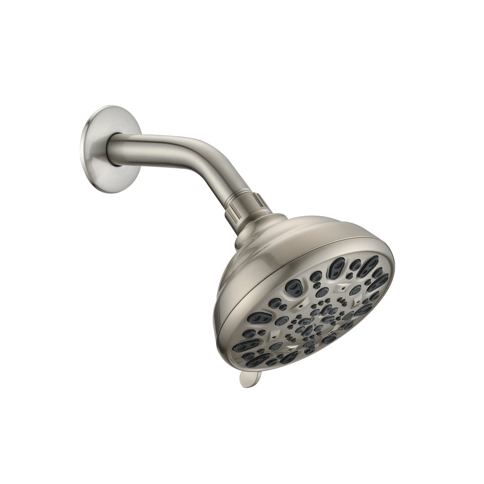 Brushed nickel high pressure 6-setting 4' shower head - Angle adjustable, clog-proof shower head