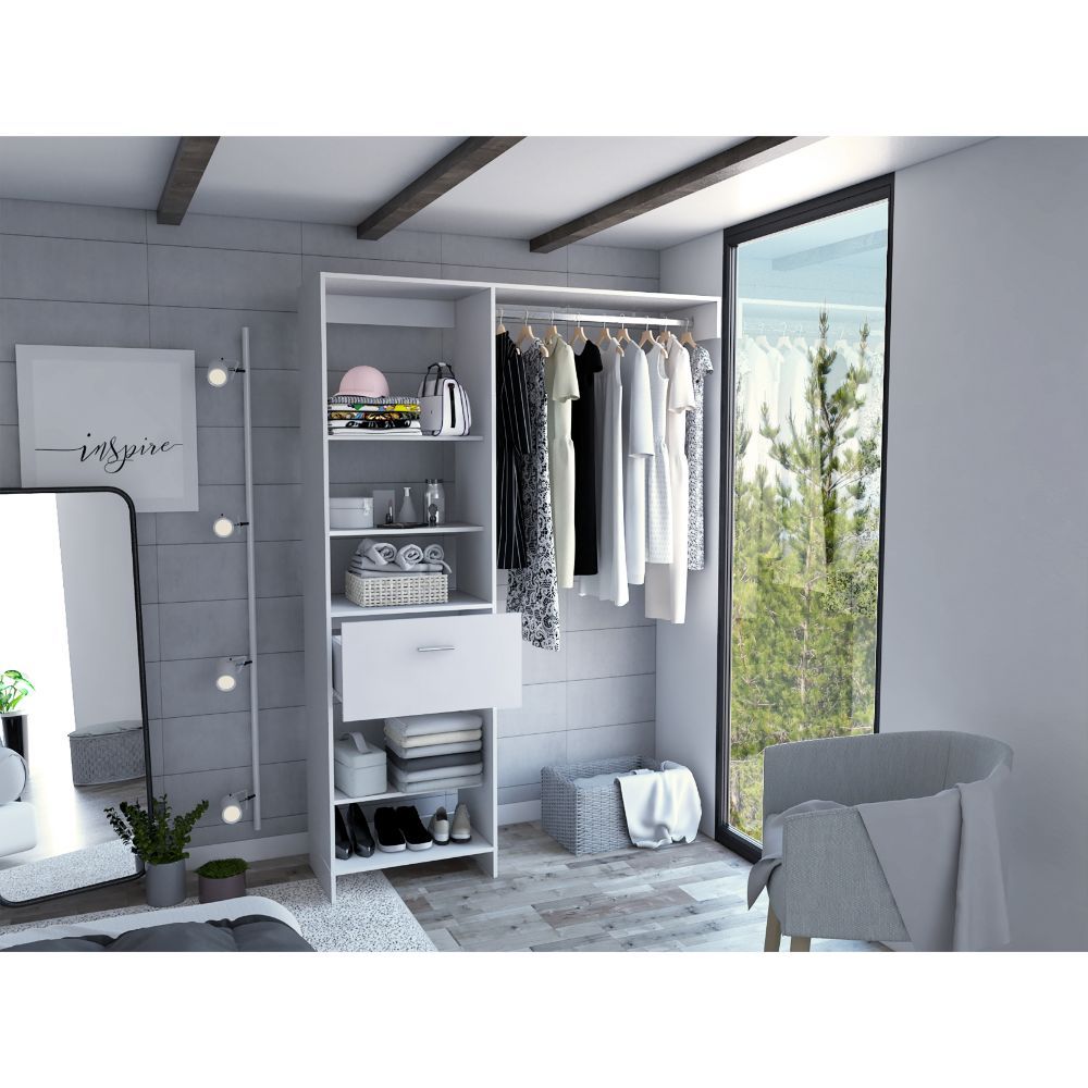 Closet System, Five Open Shelves, One Drawer, One Metal Rod, White