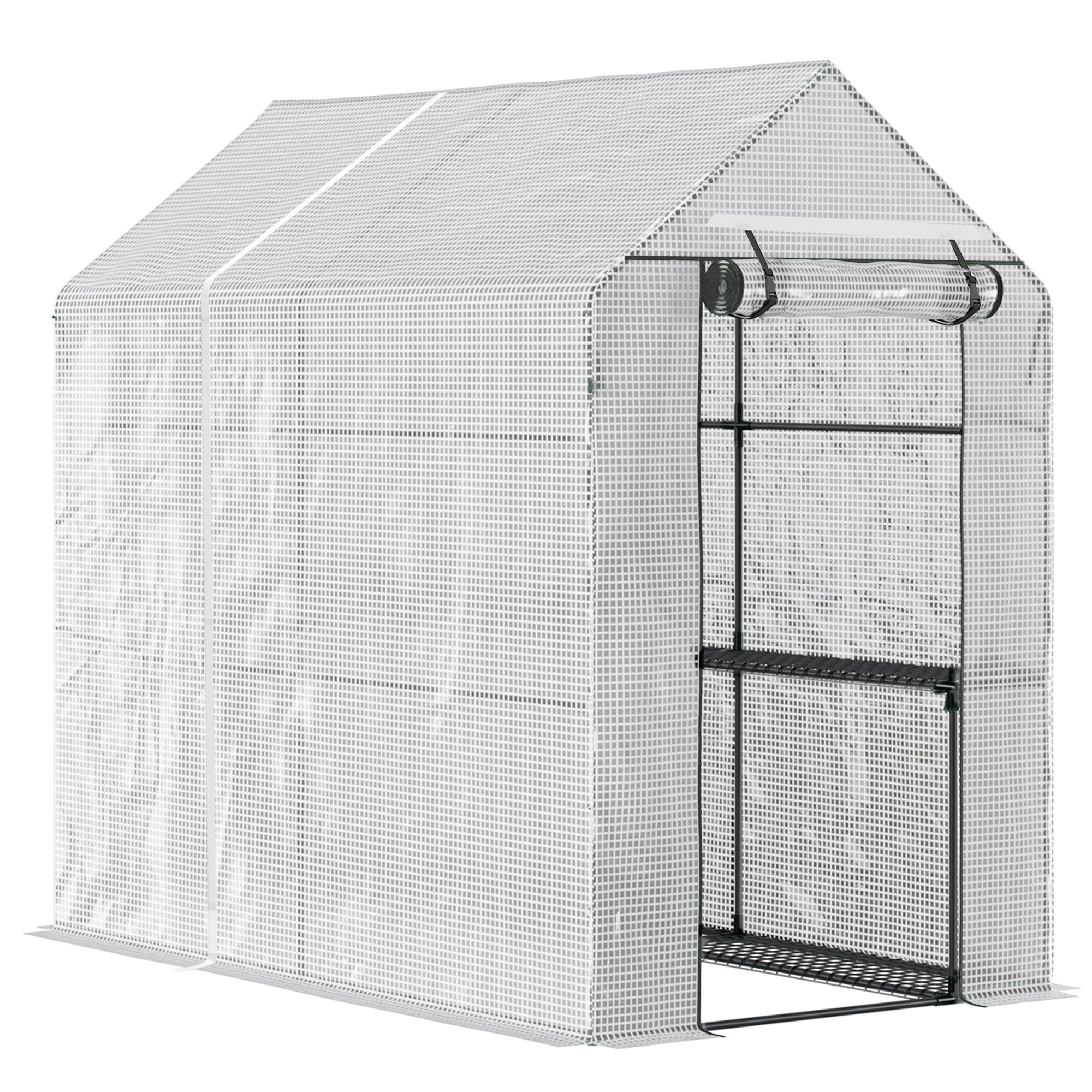 Outsunny 47.25' x 73.25' x 74.25' Walk-in Greenhouse, Outdoor Portable Plant Flower Growing Warm House with Roll-up Door and 4 Shelves, White