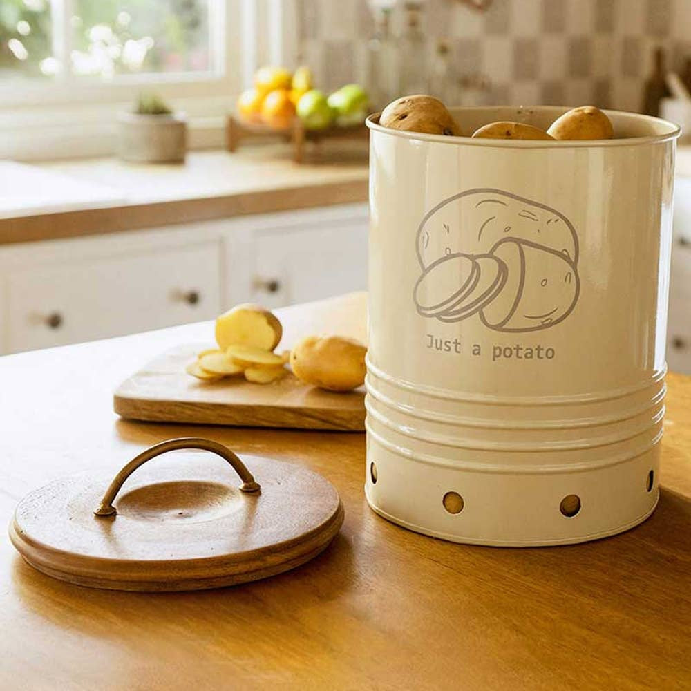 Metal Potato Storage Bin with Wooden Lid - Durable & Stylish Kitchen Canister-6.9X6.9X11'