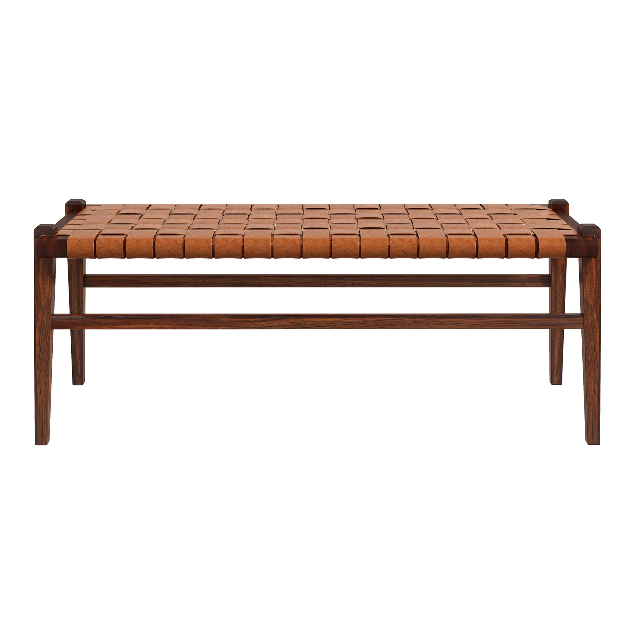 Cody Tan Leather Bench Mid-Century Modern Design Genuine Leather Solid Wood 44-inch for Living Room Bedroom Waiting Room