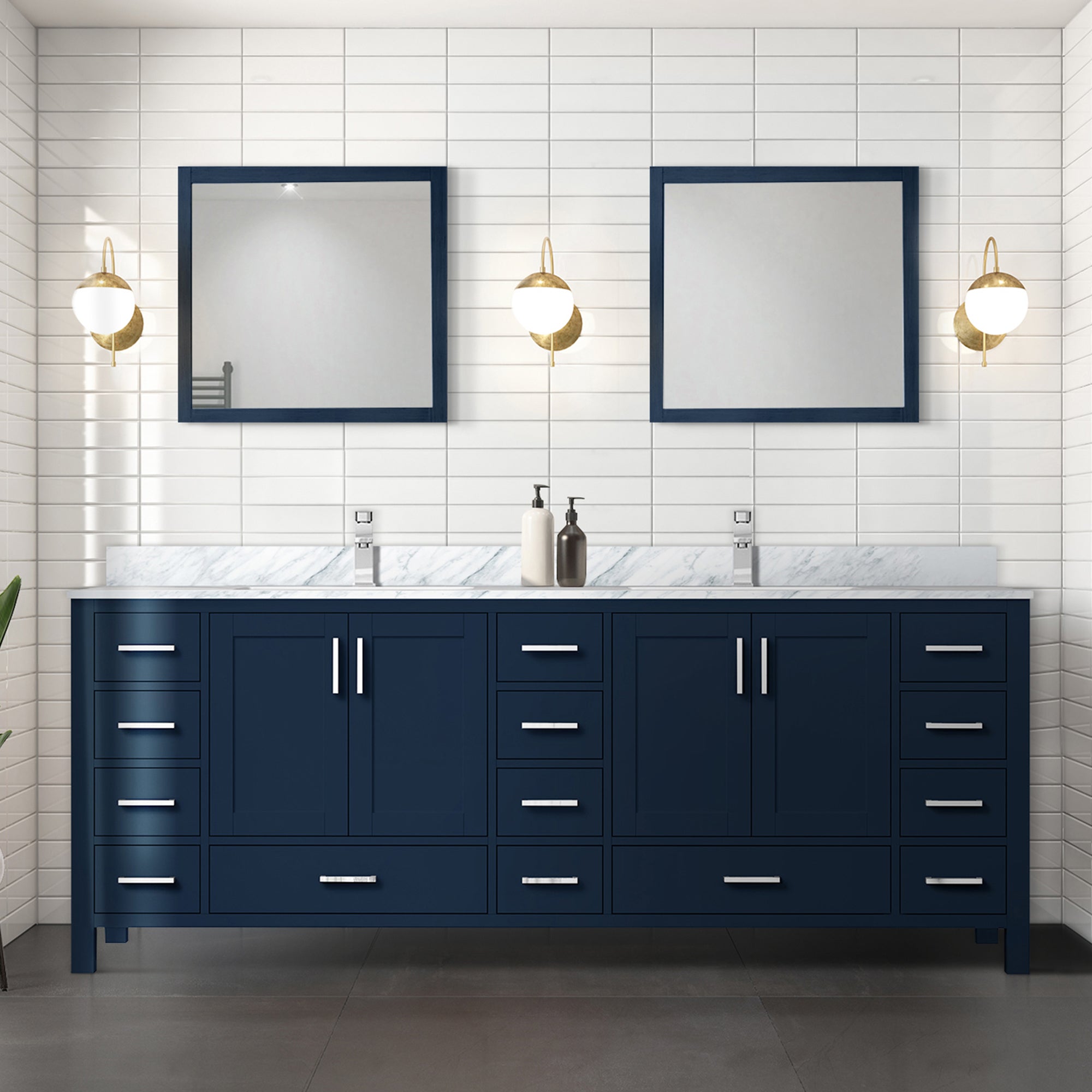 Navy Blue Double Bath Vanity 84 in. W x 22 in. D, with Carrara Marble Top