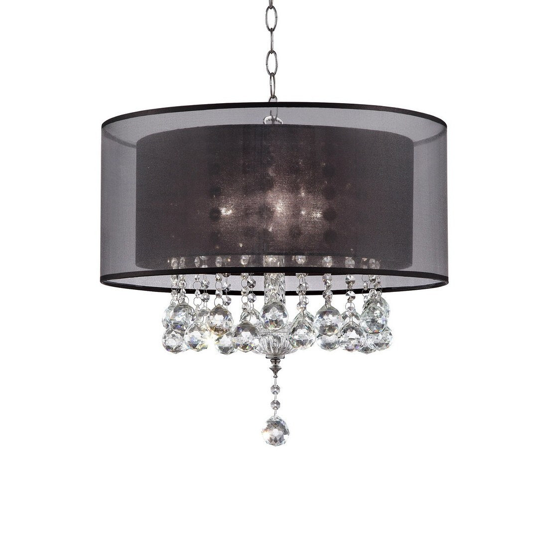 19' Tall Ceiling Lamp 'Effleurer', Silver and Crystal Accents, Black Shade