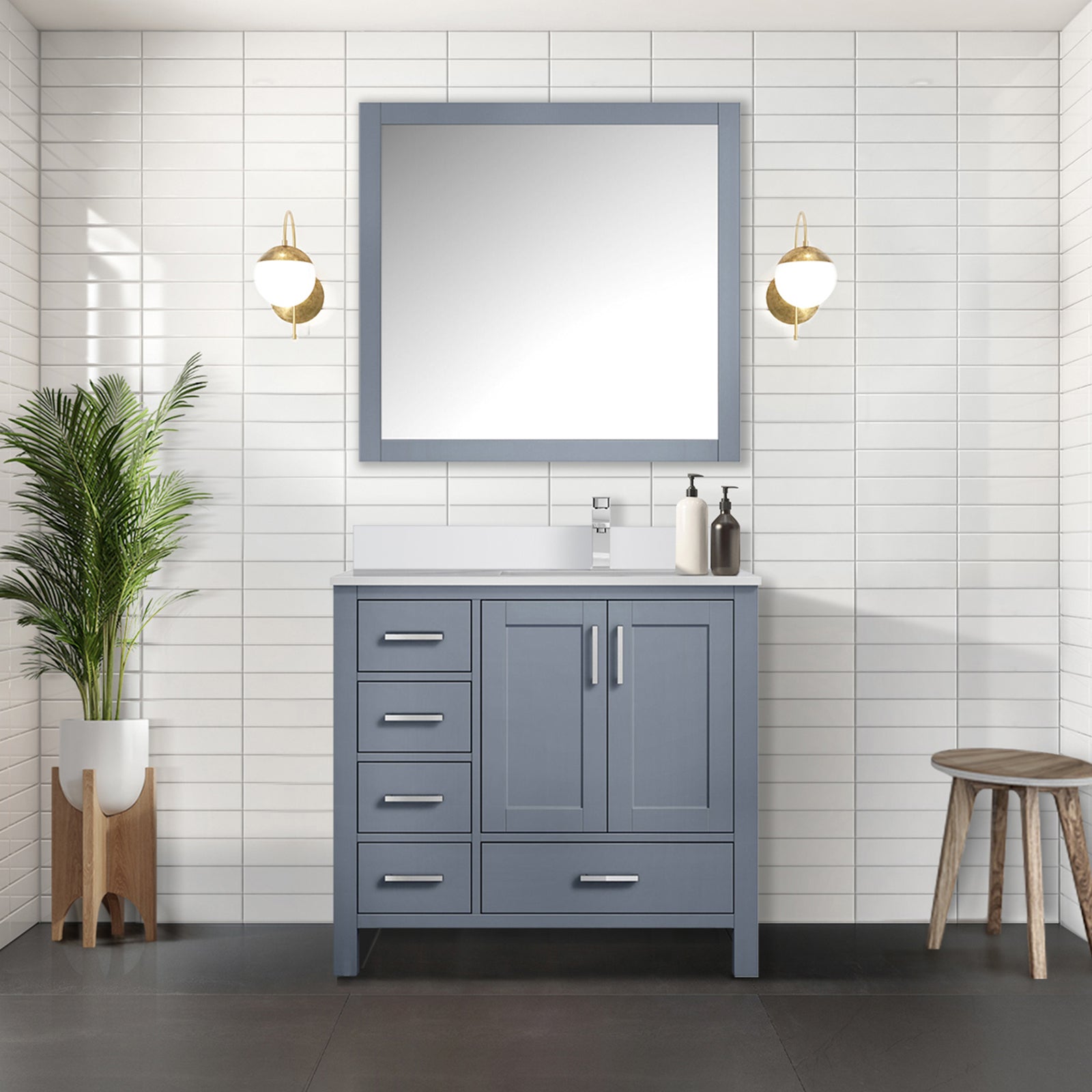 Dark Grey Bath Vanity 36 in. W x 22 in. D, Right Offset Cultured Marble Top, and Faucet Set