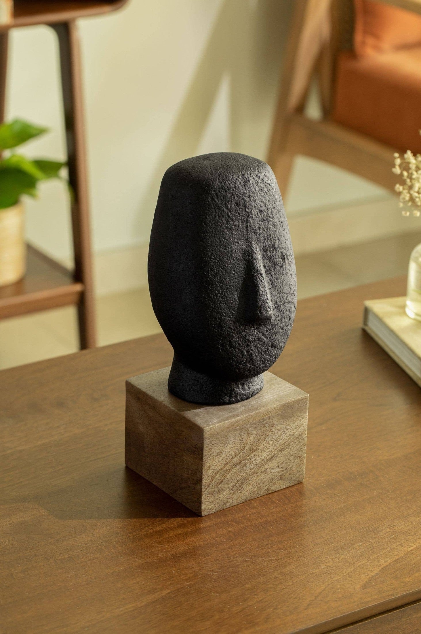 Firm face Handmade Ecomix sculpture In Black color Decorative Object, 5.1X4.7X11.8'