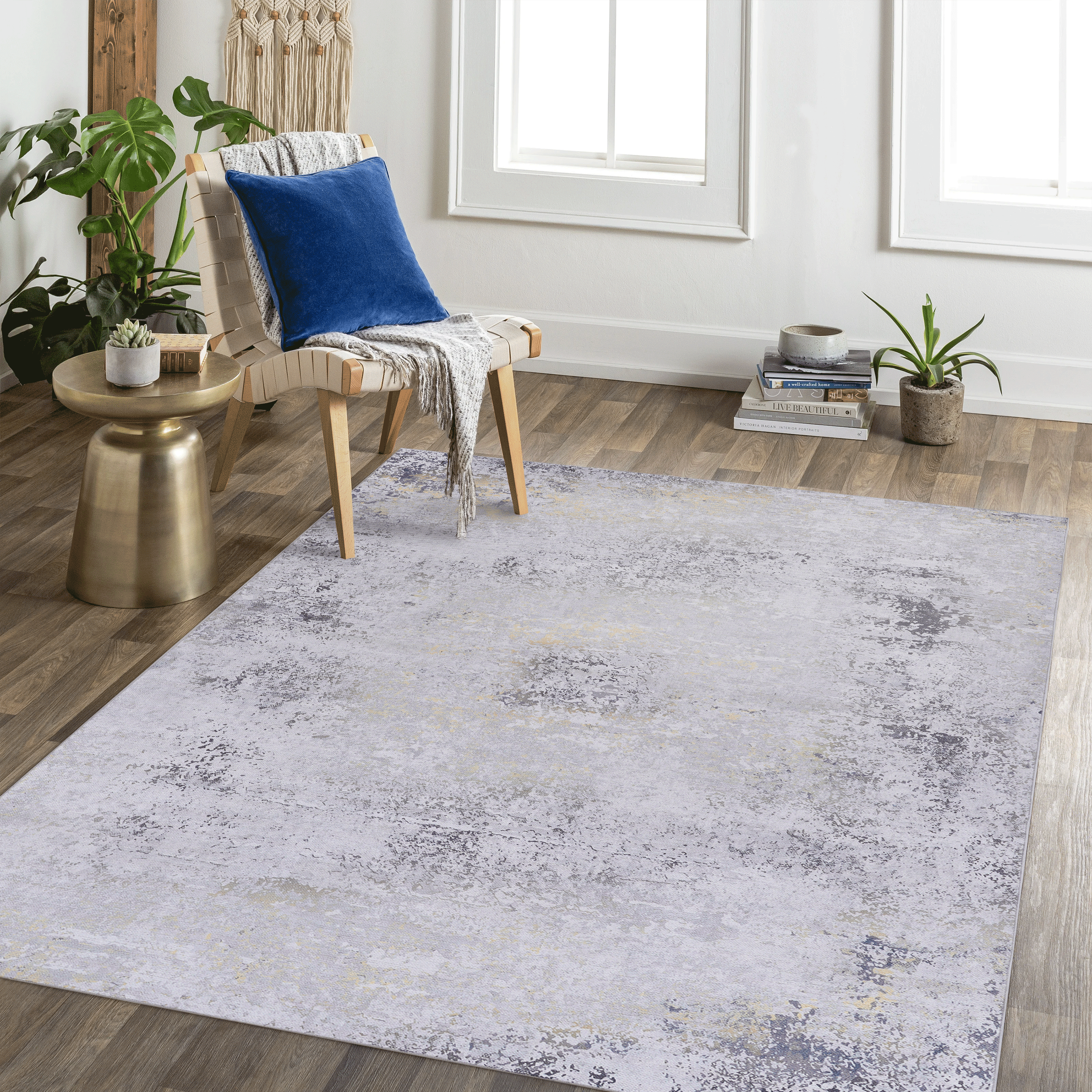 MAVAL Gold Washable Rug 6x9 Area Rug (Gray+Gold, 6' x 9')