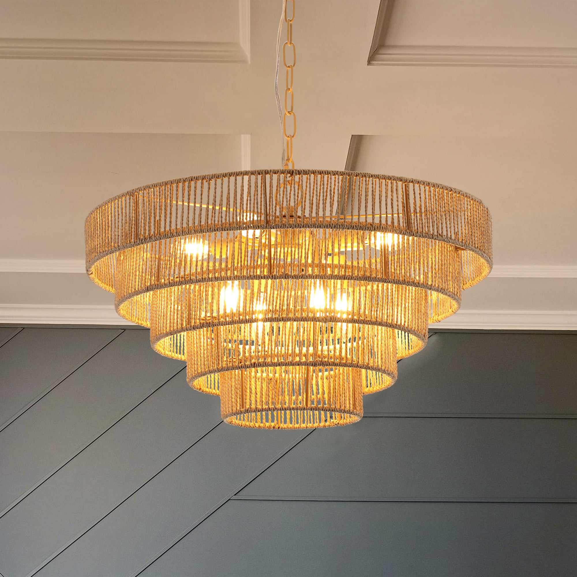 (Same as W1340P155977/L1019-5) 24' Modern 5-Layer Woven Hemp Rope Chandelier, Boho Style Pendant Light, Elegant Hanging Light Fixture for Living Room, Dining Room, Bedroom (No Bulbs)