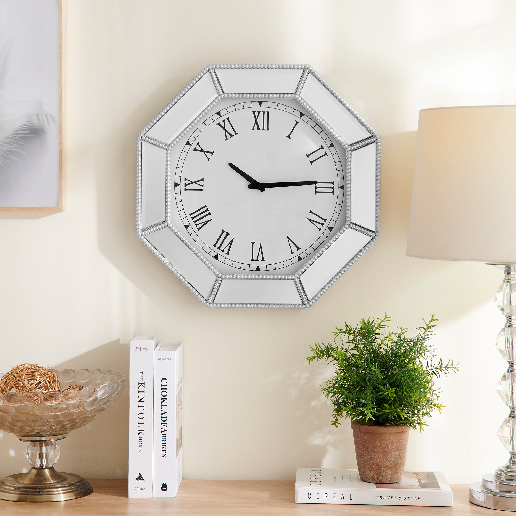 Mirrored wall clock with silver beaded octagonal glass trim, Modern Wall Clock, Decorative silver glass mirror clock for Living Room, Bedroom & Dining Room 17.7 inch