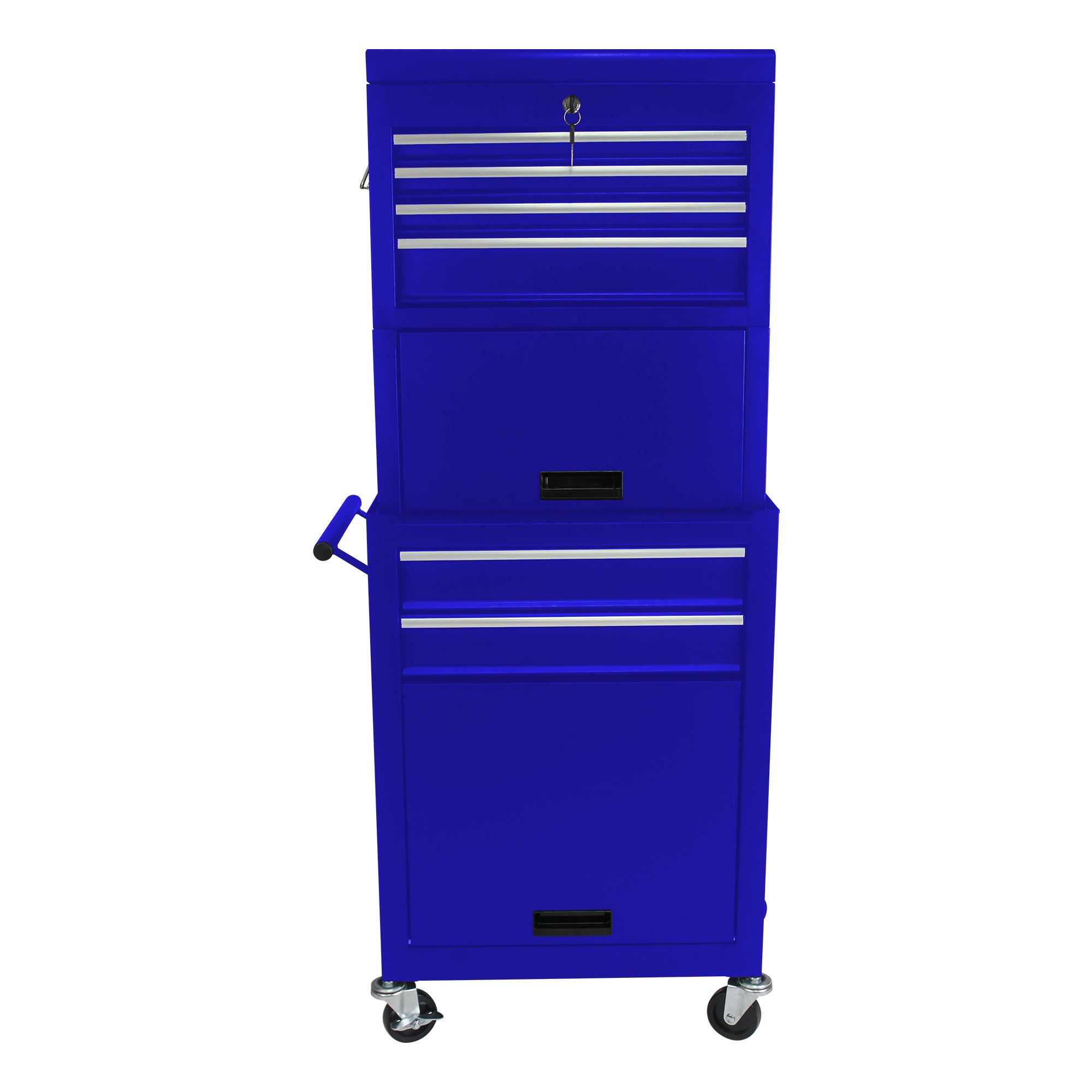 6-Drawer Lockable Tool Cabinet on Wheels – Blue Steel Rolling Tool Chest with Detachable Toolbox – 2-in-1 Garage Workshop Storage Organizer with 4 Universal Casters