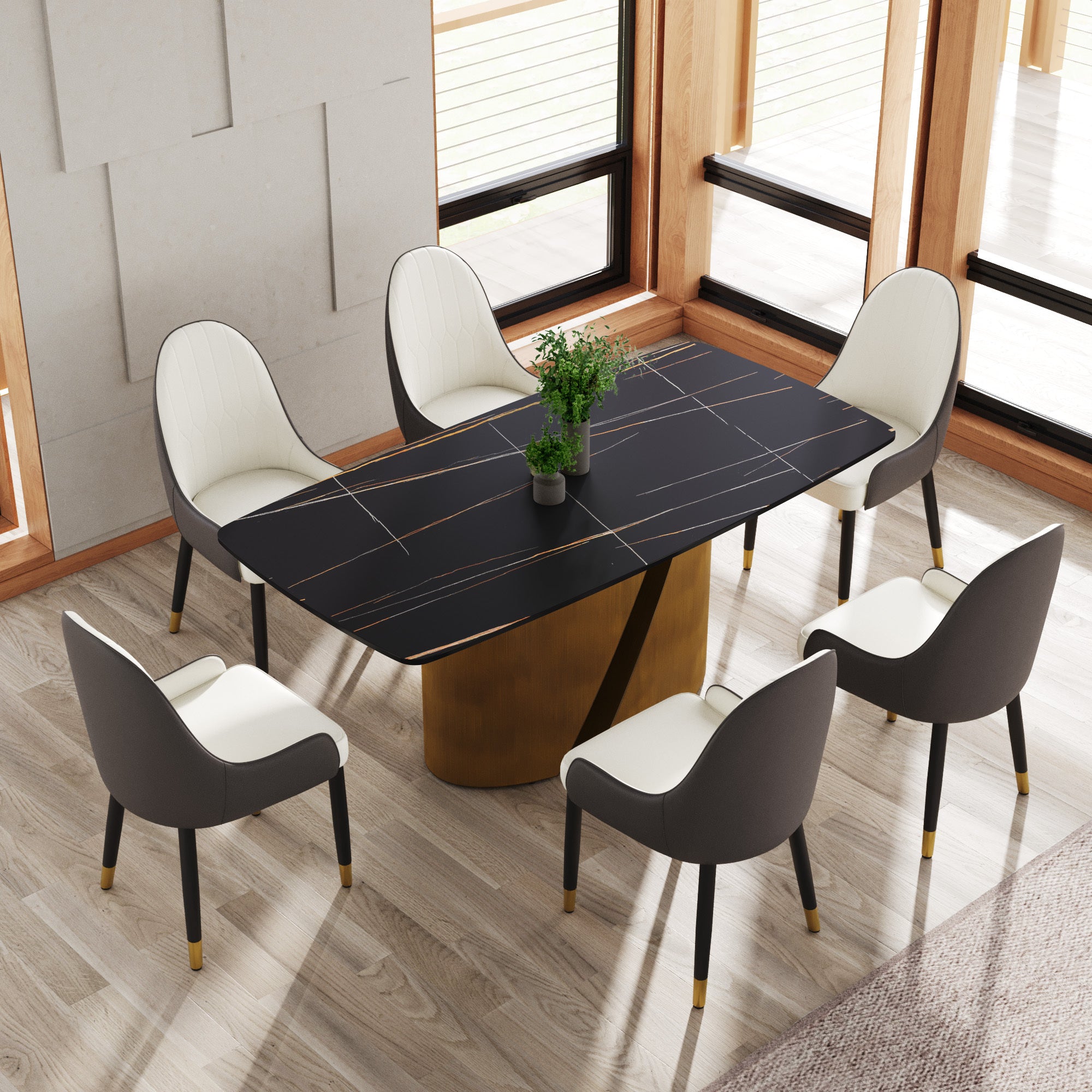 70.86 'Modern Artificial Stone Curved Black Panel Bronze Iron Metal Legs-Can Accommodate 6-8 People