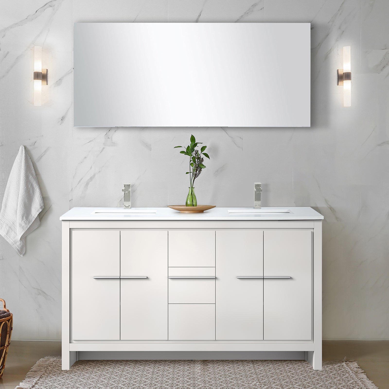 White Double Bath Vanity 60 in. W x 20 in. D, Cultured Marble Top and Brushed Nickel Faucet Set