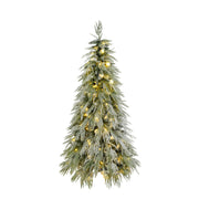5FT Pre-Lit Spruce Snow Flocked Christmas Tree with LED Lights, Artificial Hinged Xmas Tree in White+Green, Made of PE and PVC, 59 Inches Tall
