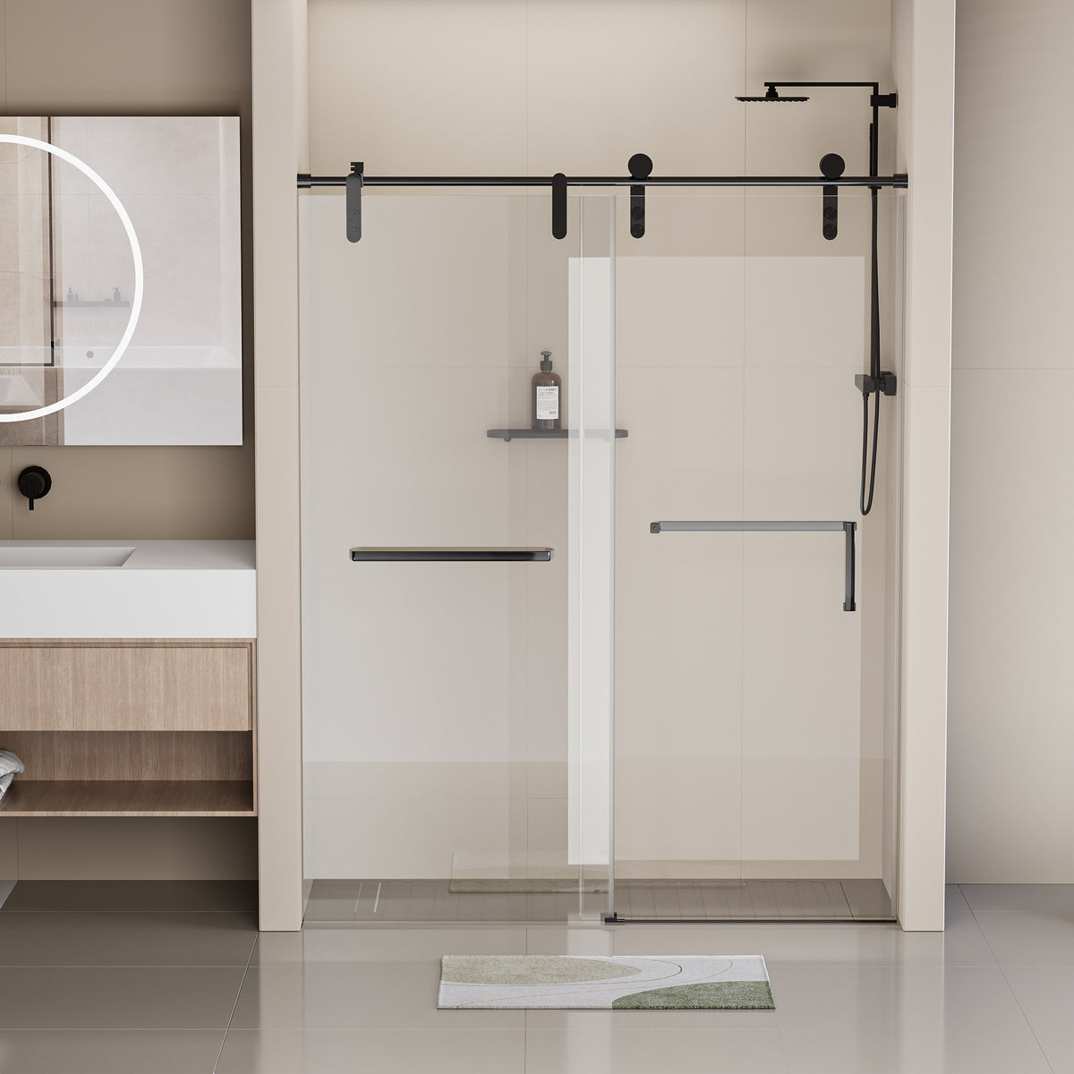 56-60 in. W x 76 in. H Frameless Shower Door, Single Sliding Shower Door, 5/16' (8mm) Clear Tempered Glass Shower Door Explosion-Proof Film, Stainless Steel Hardware, Matte Black 24D210-60MB-COMBO