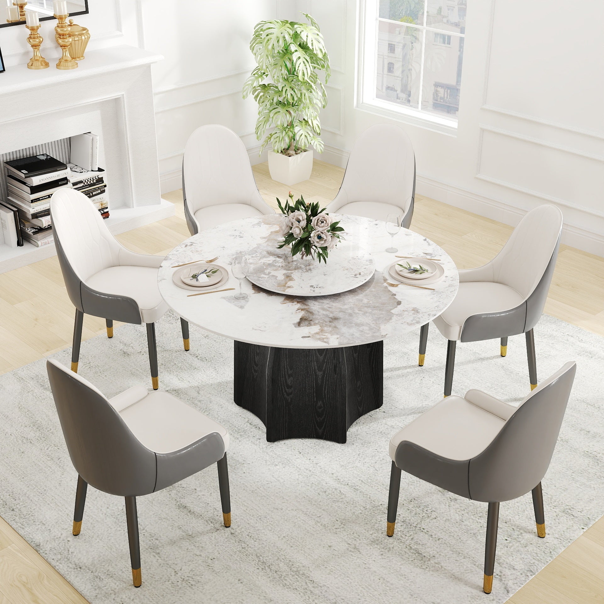 53' Round Marble Dining Table with Black Textured Solid Wood Base, Artificial Marble for 6 People, 23.62'White Artificial Stone Turntable,White (Dining Table Only)