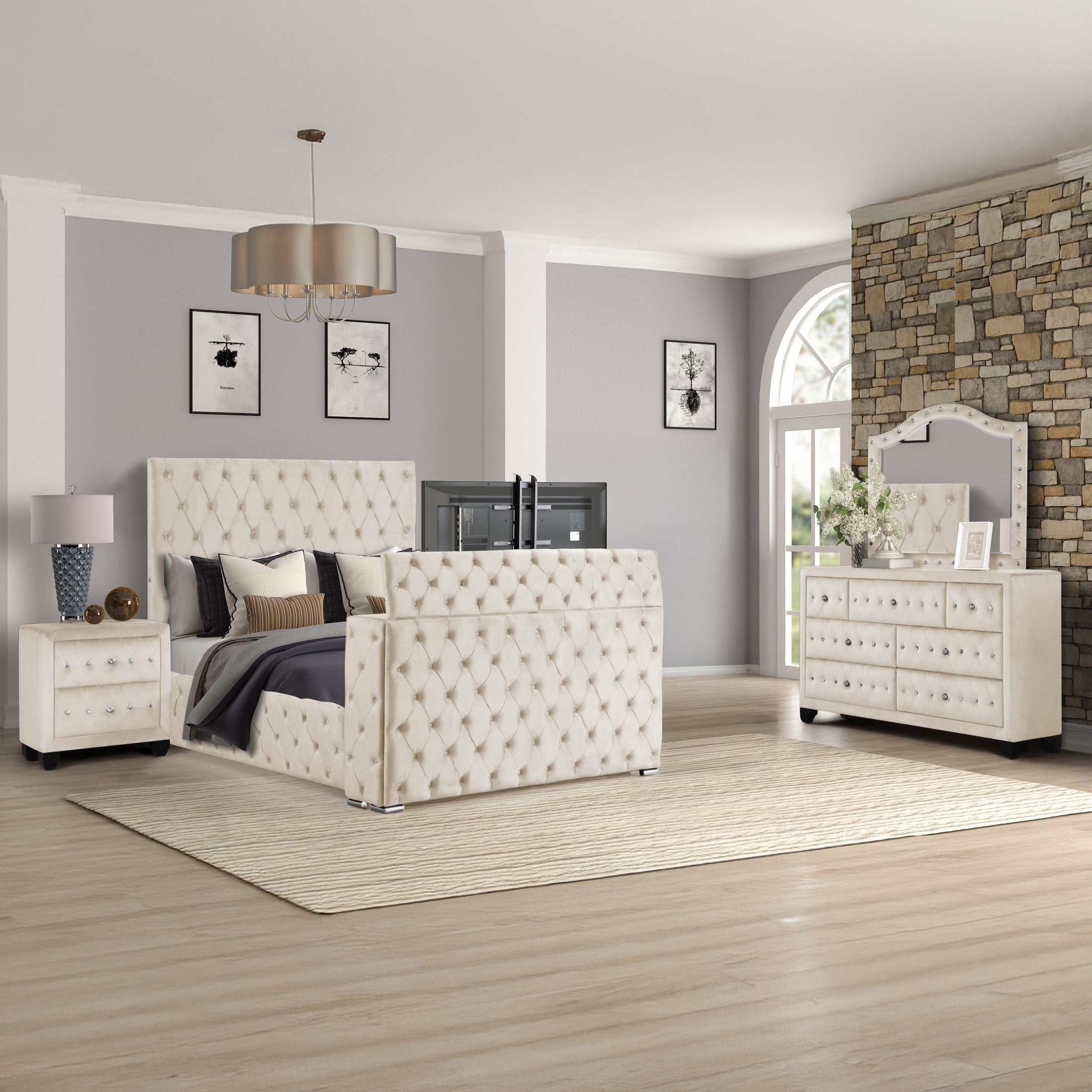 Encore Modern Style Tufted and Upholstered King 4PC Bedroom set made with wood in Beige(NJ Inventory)