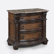 1pc Marble Top Three Drawers Nightstand Intricate Moldings Beautifully Antiqued Hardware Curved Silhouette Bedroom Solid Wood Furniture Coffee Brown Finish
