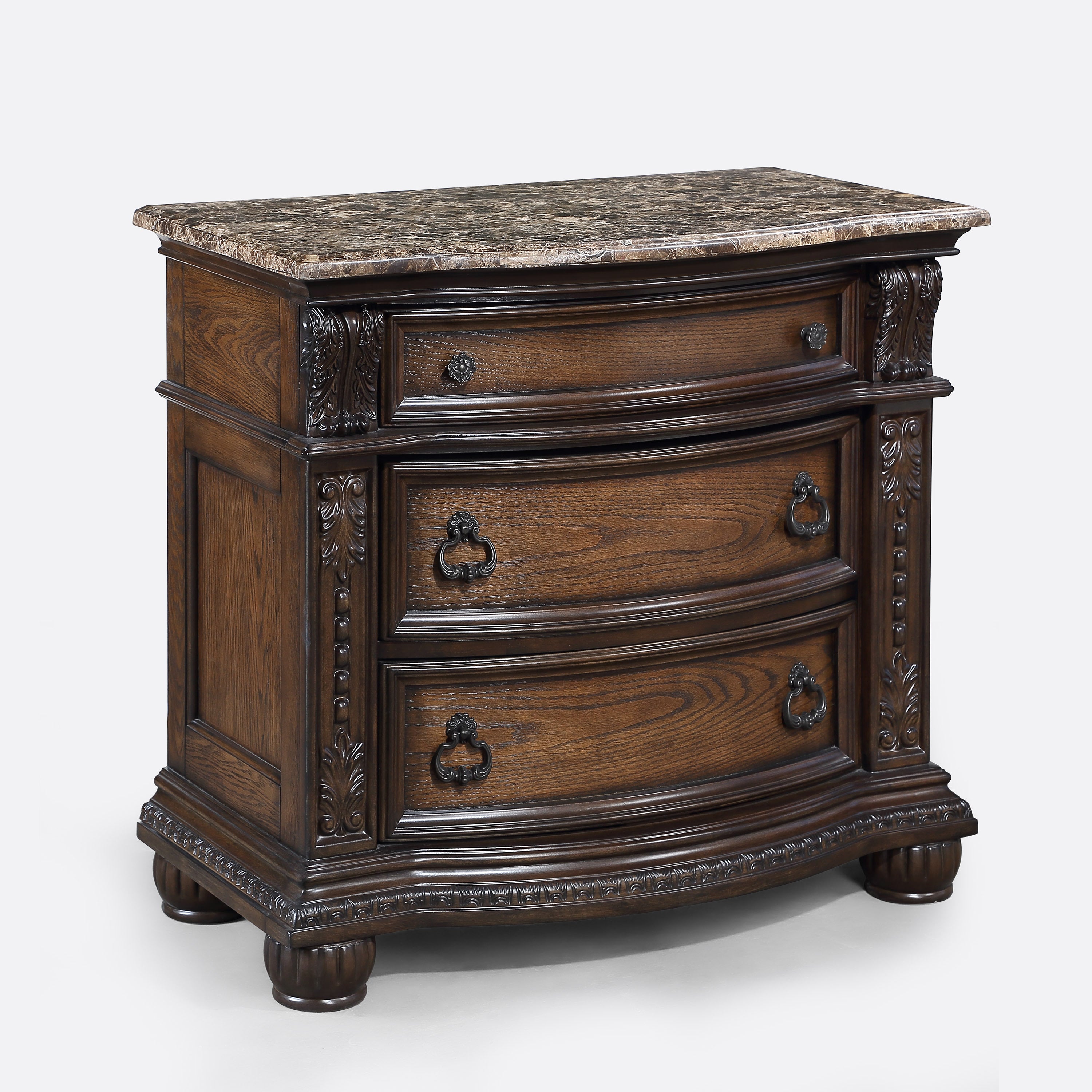 1pc Marble Top Three Drawers Nightstand Intricate Moldings Beautifully Antiqued Hardware Curved Silhouette Bedroom Solid Wood Furniture Coffee Brown Finish