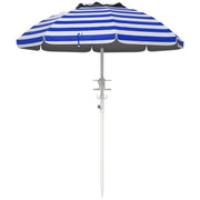 Outsunny 5.7' Portable Beach Umbrella with Tilt, Adjustable Height, 2 Cup Holders & Hooks, UV 40+ Ruffled Outdoor Umbrella with Vented Canopy, Blue White Stripe
