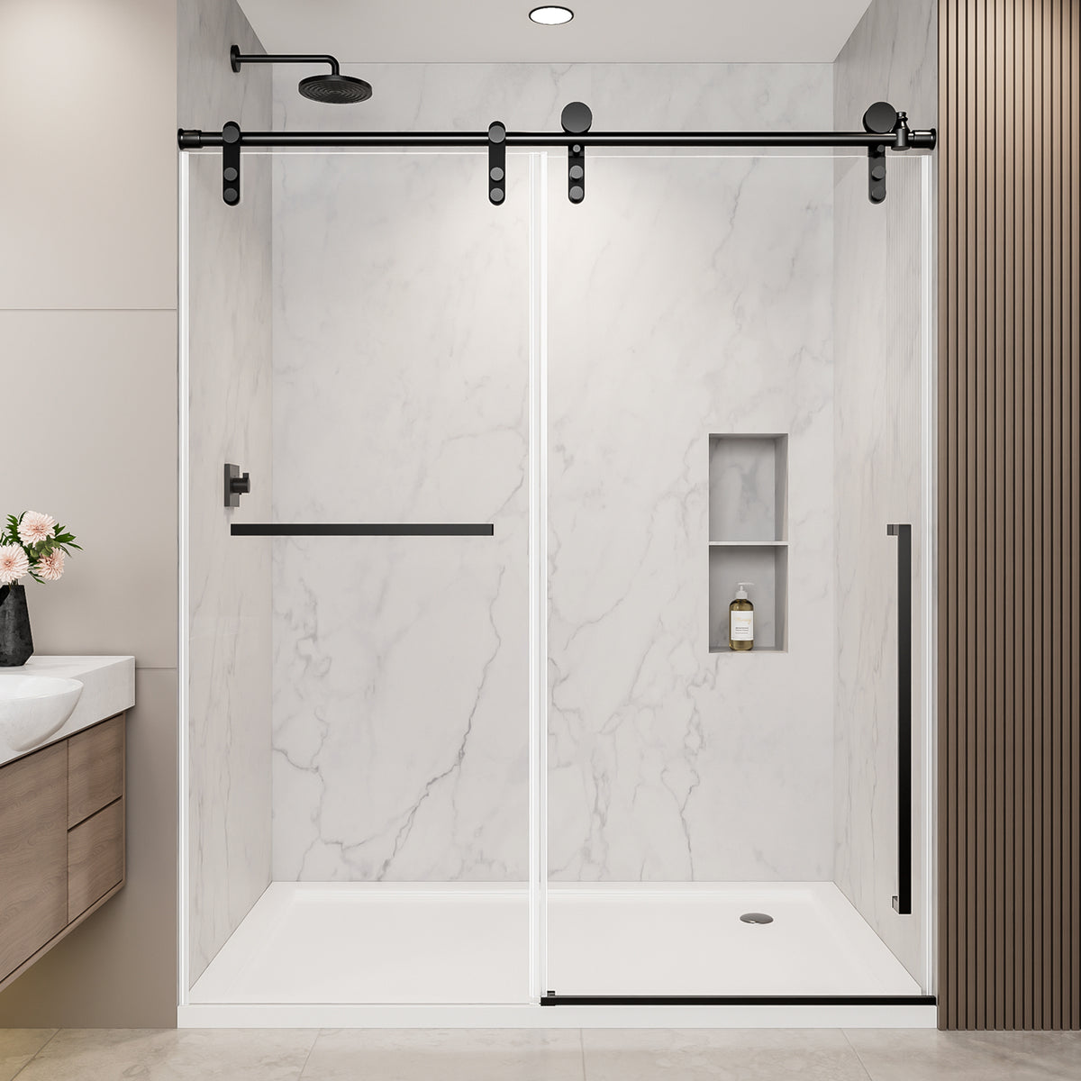56'-60' W x 75' H Frameless Sliding Shower Door, Matte Black Shower Screen, 5/16' (8mm) Clear Tempered Glass With Explosion-proof Film