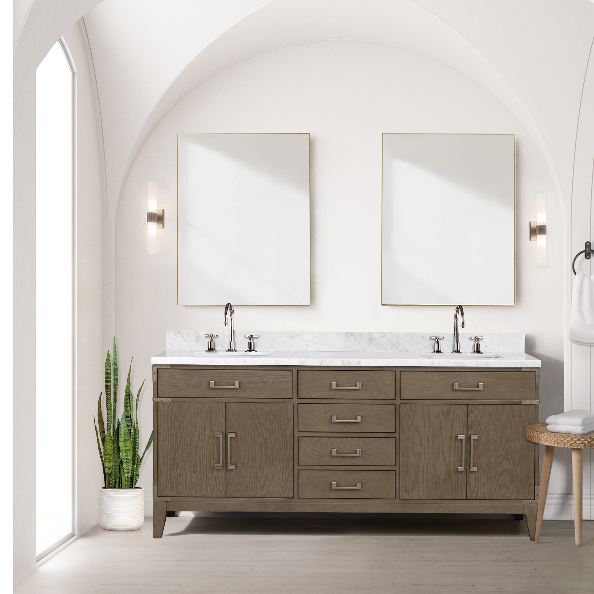 Grey Oak Double Bath Vanity 72 in. W x 22 in. D, Carrara Marble Top, and Faucet Set